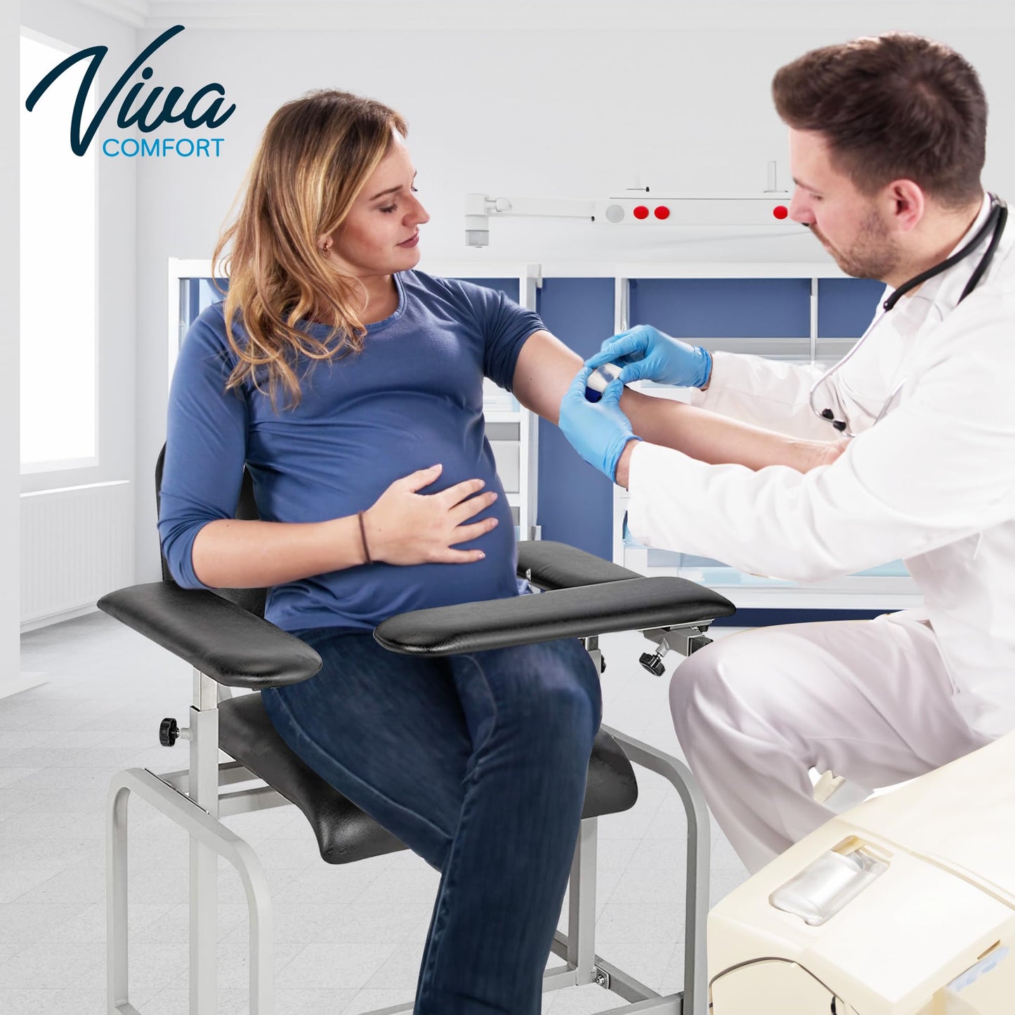 VivaComfort Black Phlebotomy Chair with Adjustable Armrest, Blood Draw Chair, Large Weight Capacity Comfortable Lab Medical Chair