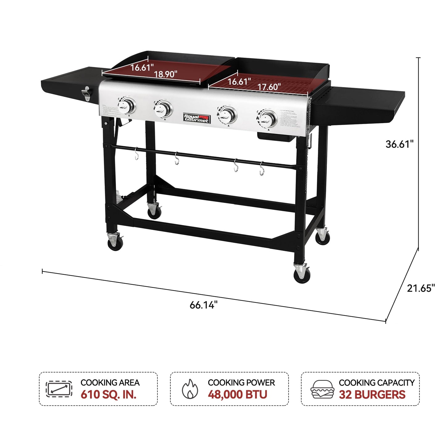 Royal Gourmet GD401C 4-Burner Propane Gas Grill and Griddle Combo with Cover, Griddle Grill Combo with 48,000 BTUs Output for Outdoor Cooking While Camping or Tailgating, Black & Silver