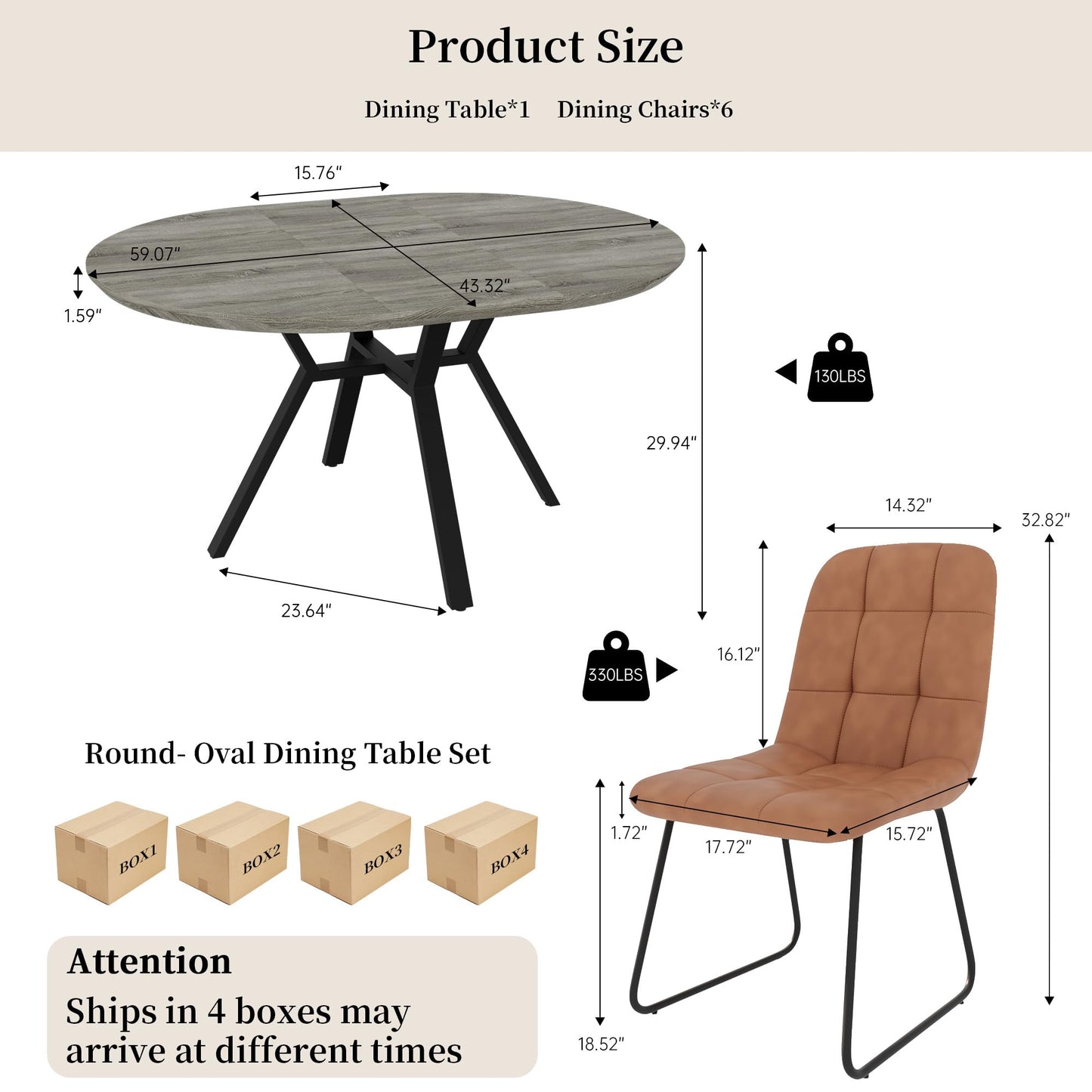 HIPIHOM Extendable Round Dining Table Set for 6 People, 43.3"-59.1" Extendable Kitchen Table with 6 Upholstered Chairs, Space Saving for Kitchen Dining Room (Grey Table+6 U-Shaped Brown Chairs)