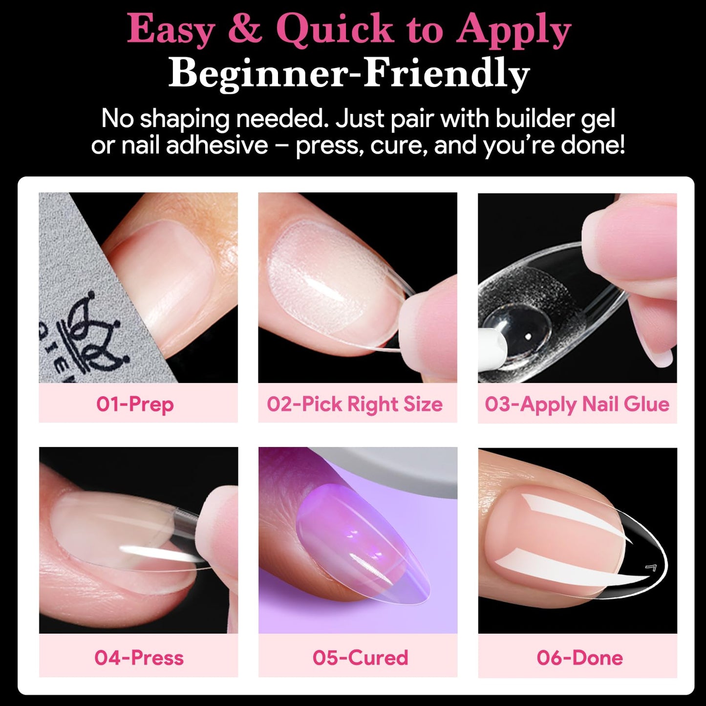 Qiek Short Almond False Nail Tips, 15 Sizes 510 PCS Clear Soft Press On Fake Nail Pre-shaped Half Matte Full Cover Gel Nail Tips Extensions Strong Thick Long Lasting for DIY Beginners & Salon Manicure
