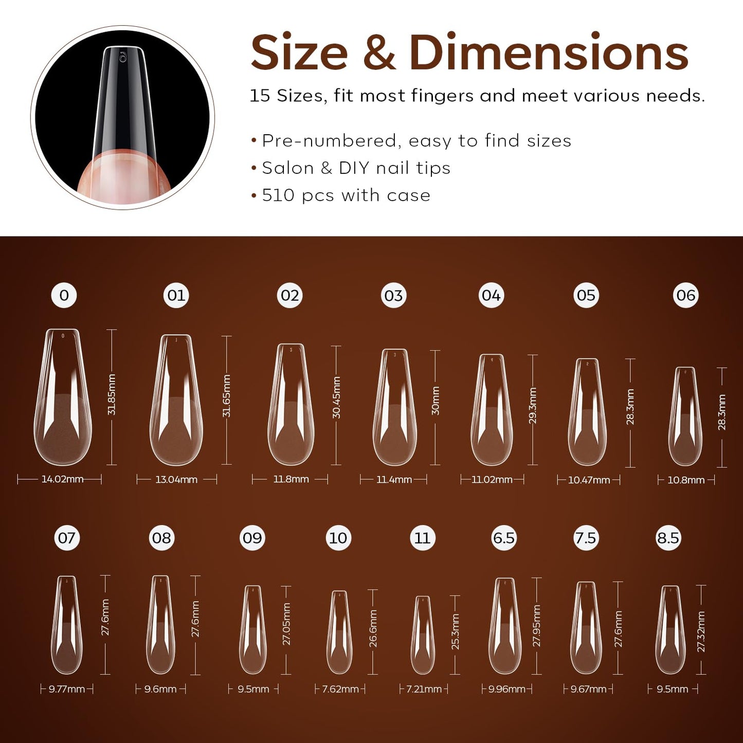 Modelones Long Coffin Nail Tips - 510Pcs Pre-shaped Half Matte Full Cover Fake Nails Gel Tips Acrylic Press on Manicure Extension DIY 15 Sizes