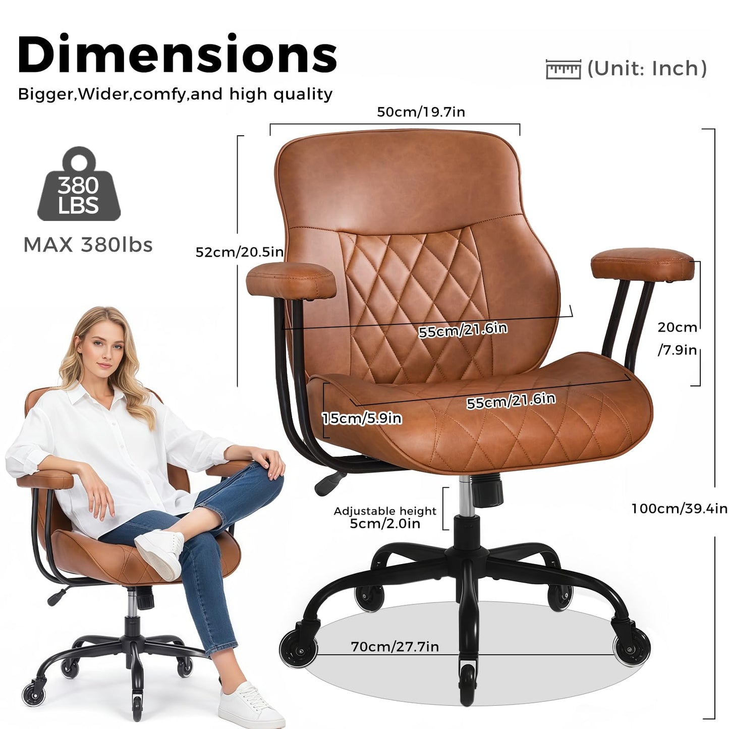 BEWISHOME Brown Leather Office Chair– Features Rubber Wheels and Lumbar Support Ergonomic Mid Century Modern Desk Chair with Adjustable Height, 360° Swivel for Home & Office