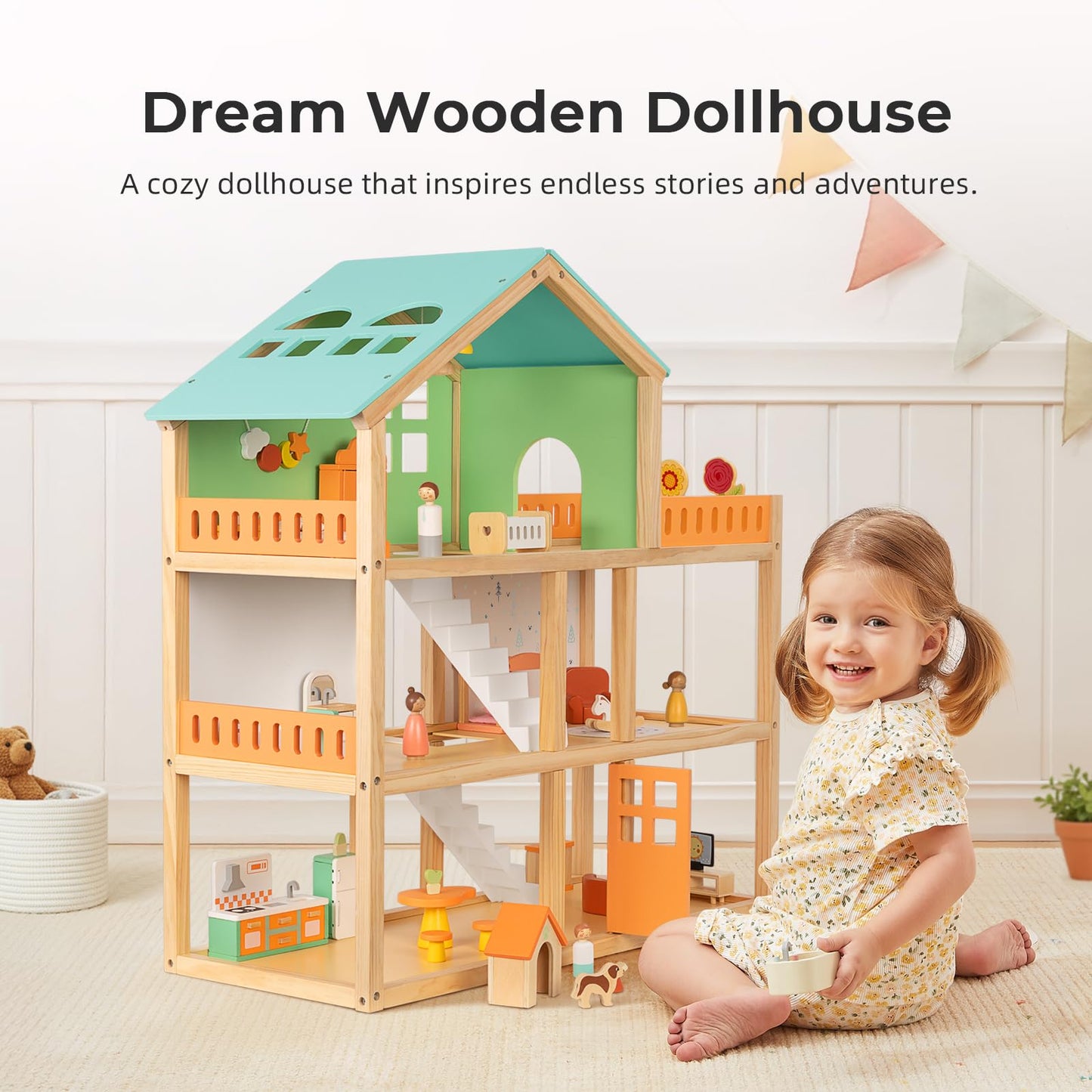 OOOK Large Wooden Dollhouse with 42 Pcs Luxurious Furniture Accessories, 3-Story Doll House 6 Rooms Balcony Wooden Stairs, Ideal Modern Doll House for 3 Year Old