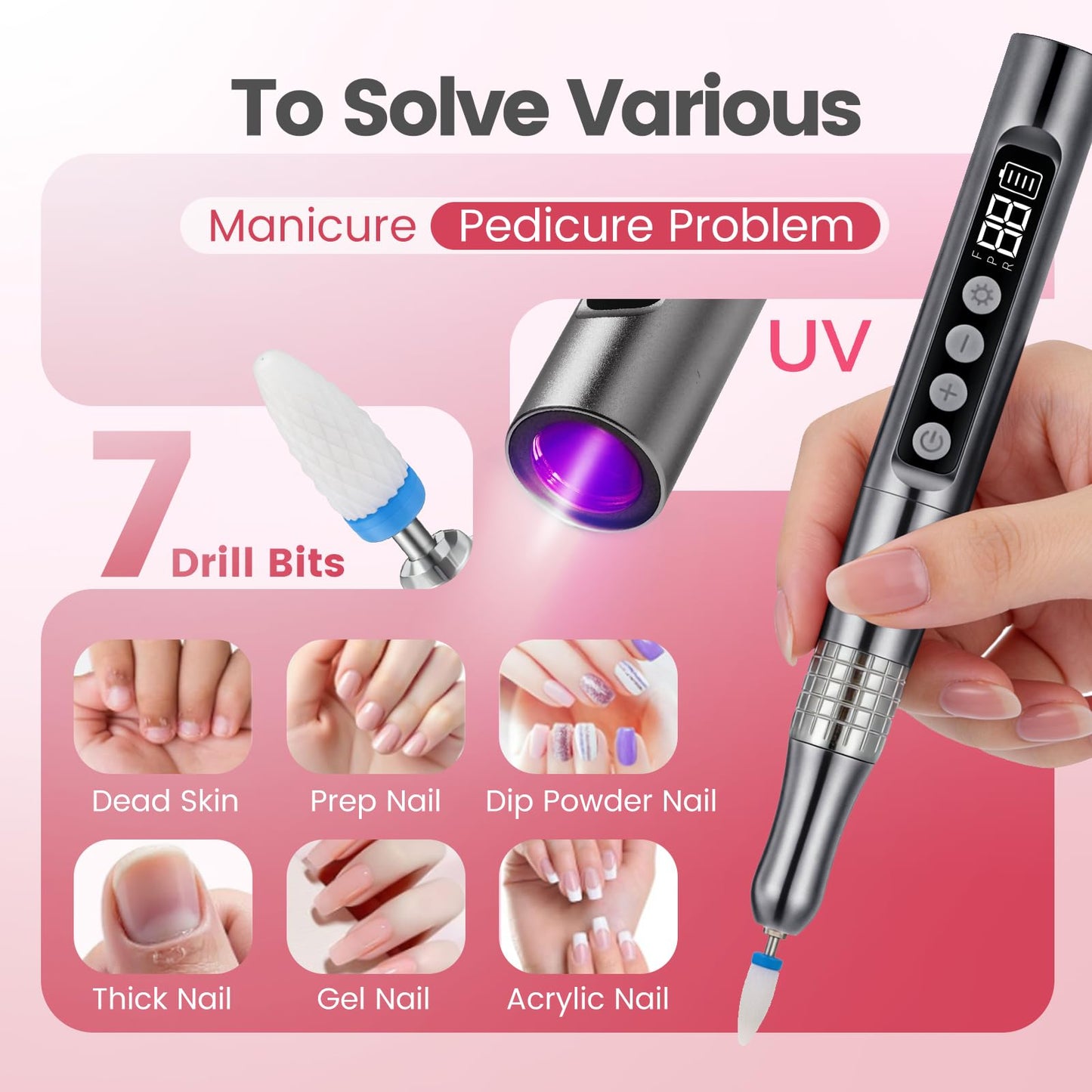Mosugia 35000RPM Cordless Nail Drill Electric File Professional Kit Portable Rechargeable 2 in 1 Nail Drill/UV Lamp for Acrylic Gel Nails Low Noise Nail Tools for Home Use, Nail Salon, Gray
