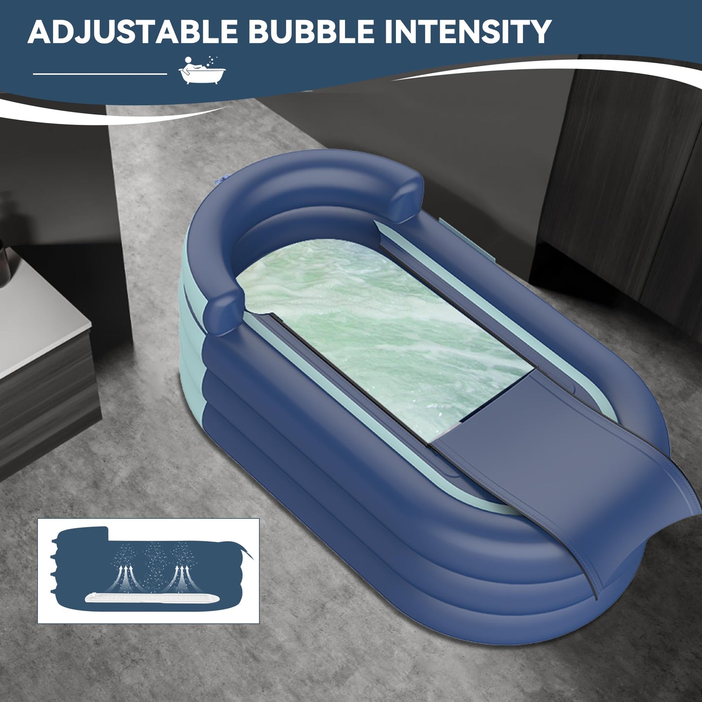 Inflatable Bathtub & Bubble Spa Mat- Portable Hot Tub for Adults, Equipped with a Bubble Math Mat for Massage, Fits Any Bathroom, Foldable Design for Renters/Apartments (65"x33"x26" 220lb)
