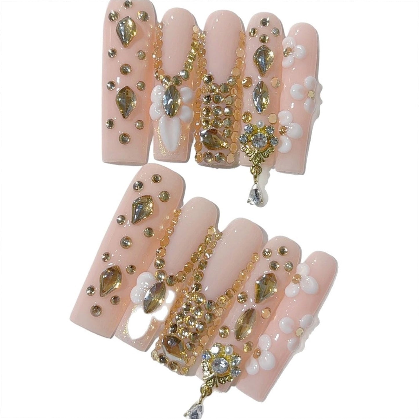 10 Pcs Extra Long Handmade Press on Nails Square Fake Nails with 3D Flowers Rhinestones Charms Curve Design False Nails Pink Acrylic Long Press Ons Nails Wedding Party for Women Nail Art - M Size