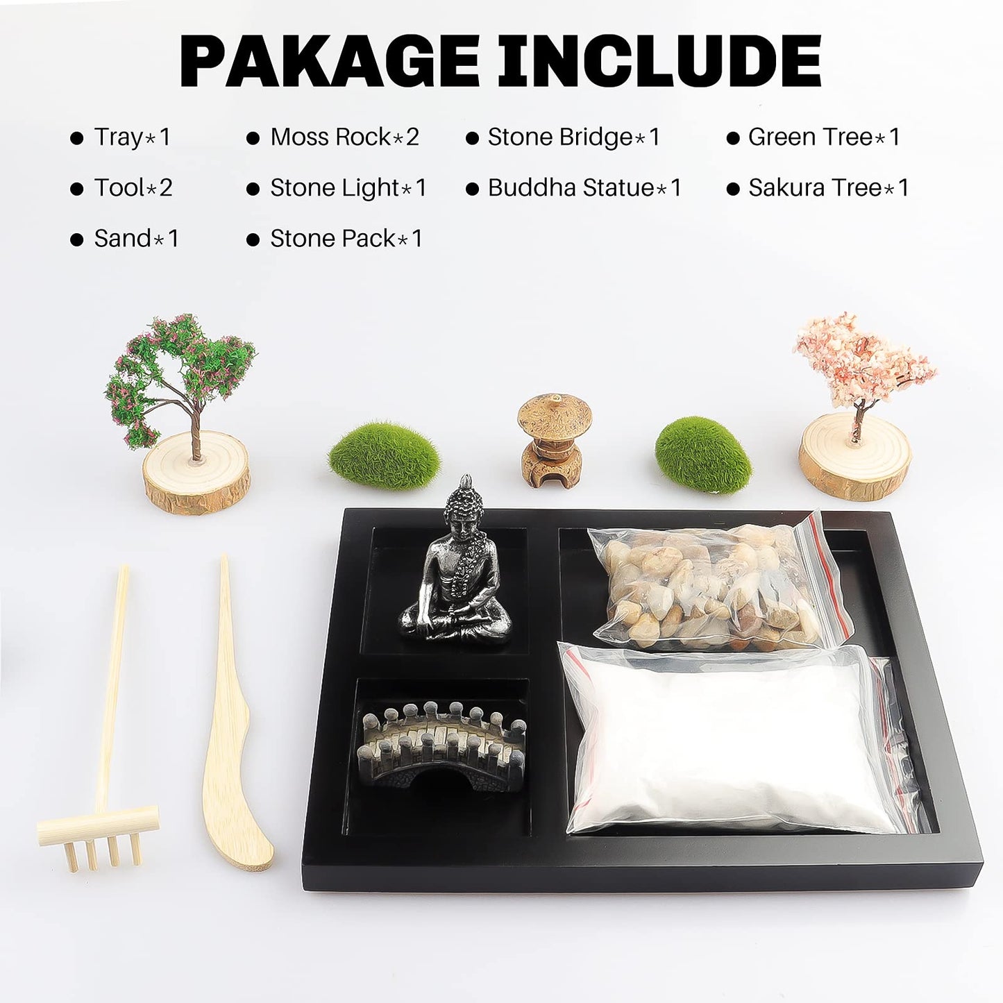 Sakura Budah Desktop Mini Zen Garden - 9" x 7" with White Sand, Artificial Bonsai Tree, Rocks, Rakes & Accessories - Meditation Gift for Office Decor