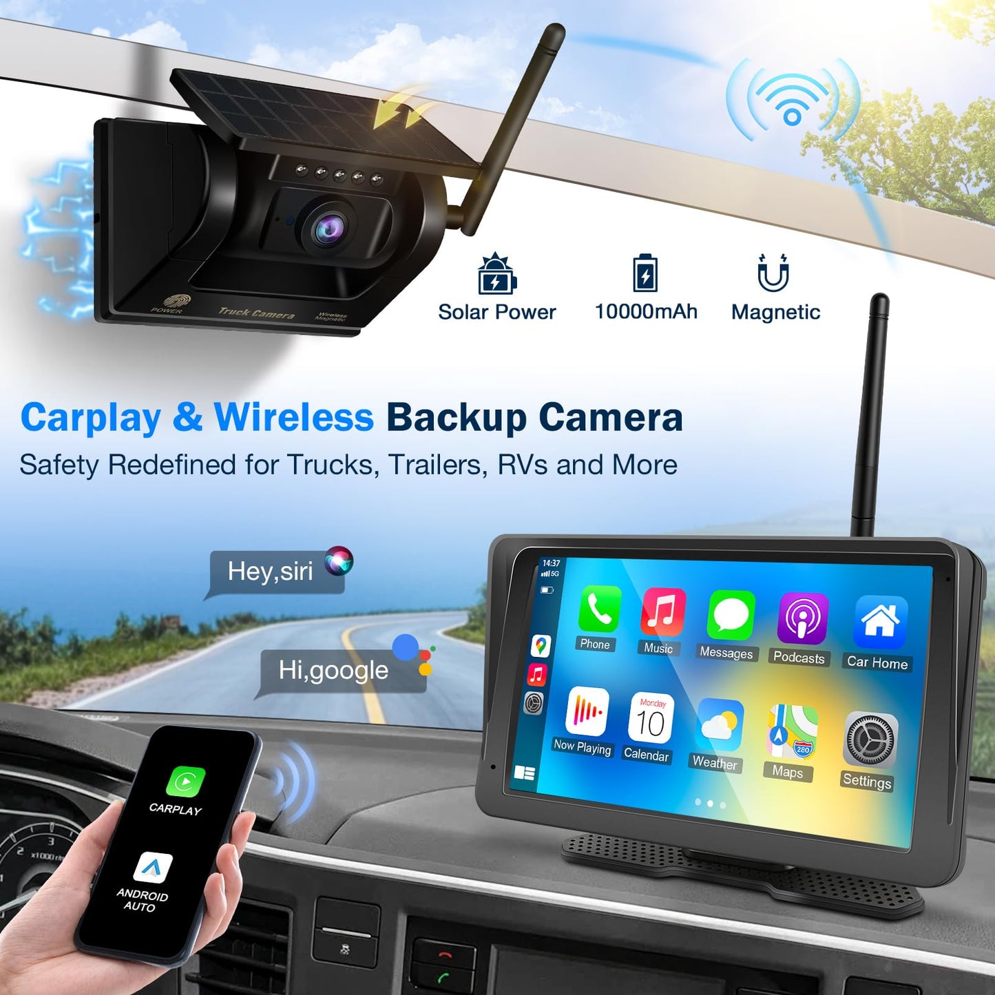 PORMIDO Wireless Backup Camera for RV: 7" Portable Touchscreen with Apple CarPlay/Android Auto - 10000mAh Solar Magnetic HD 1080P Rear View System for Large Vehicle Truck Trailer Camper Pickup Reverse