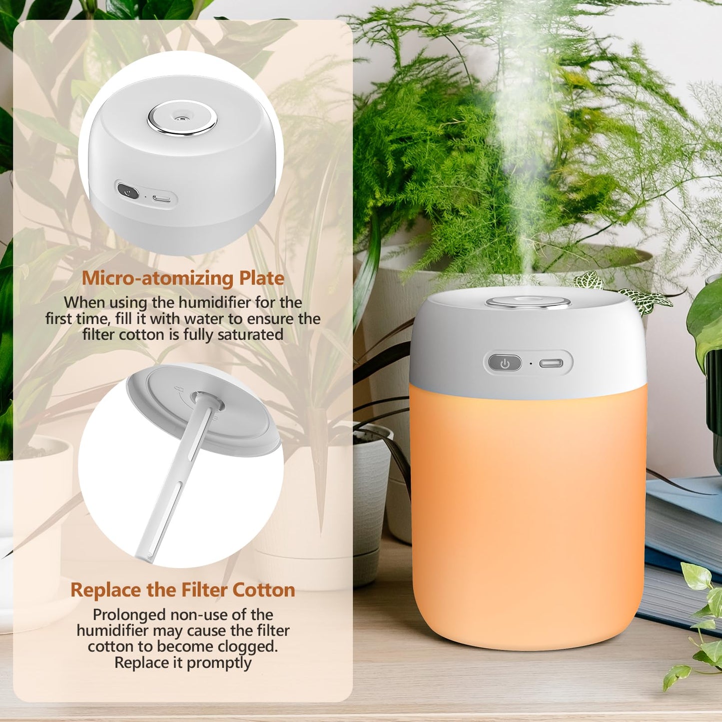 BAMCOO Portable Small Humidifier, 650ml Colorful Mini Humidifier for Bedroom, Office Desktop, Baby Room, Plants, Cool Mist Humidifiers(White)