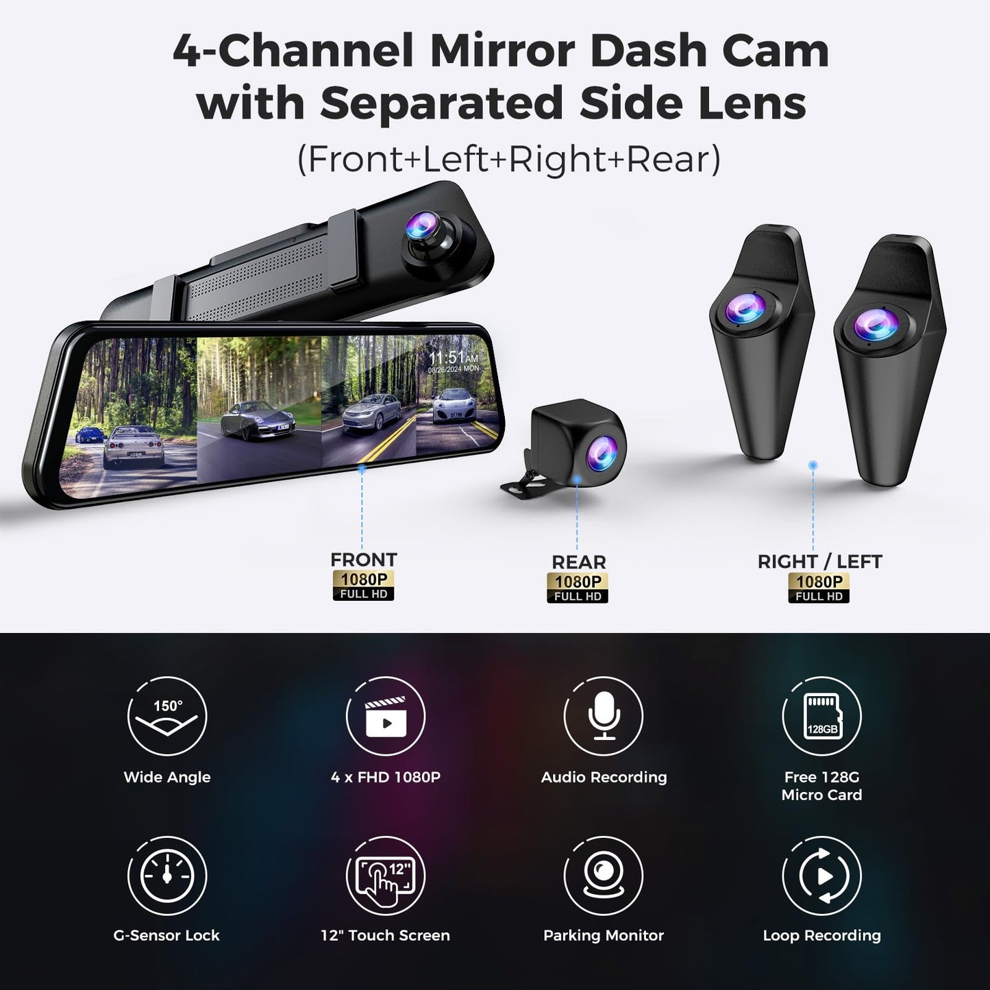 360 Degree View 4 Channel Mirror Dash Cam Detached Camera for Cars,Dash Cam Front and Rear Side(Left,Right),12'' Rear View Mirror Camera1080Px4,WiFi,Night Vision,GPS,Parking Monitor,Free 128GB Card