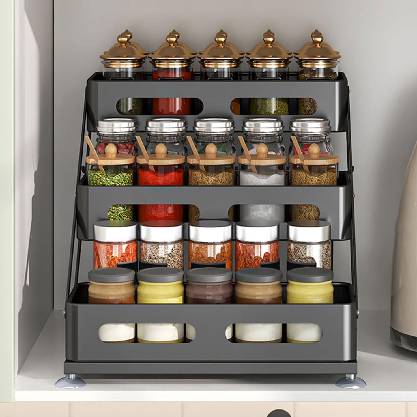 Ceetug 3 Tier Foldable Spice Rack for Countertop Iron Kitchen Seasoning Organizer for Cabinet, Black