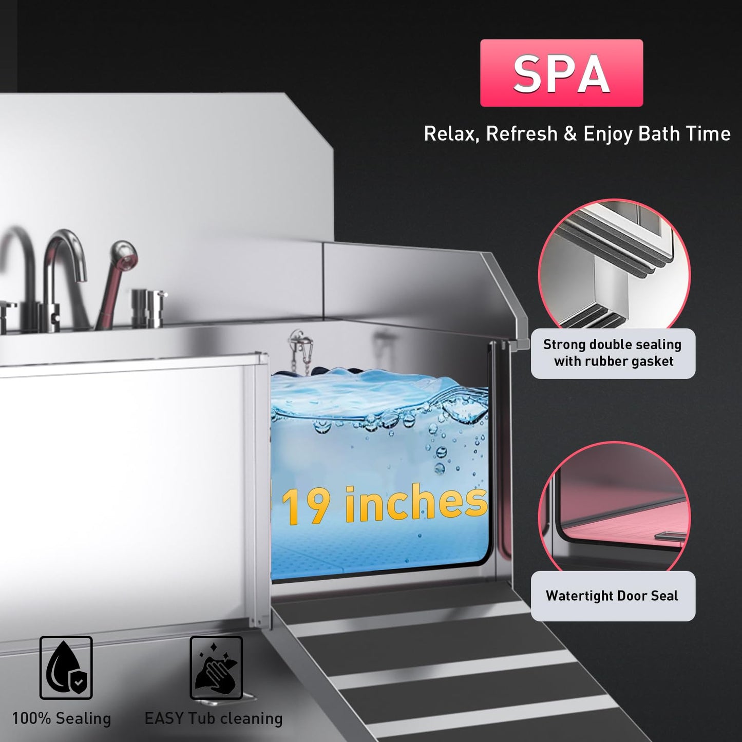 BATHKITS Dog Washing Station – 50 inch Professional 304 Stainless Steel Grooming Tub w/Ramp, Drawer, Faucet & Floor Grate, Dog Bathing Station for Large, Medium & Small Pets, 19" Leak-Proof Deep Soak
