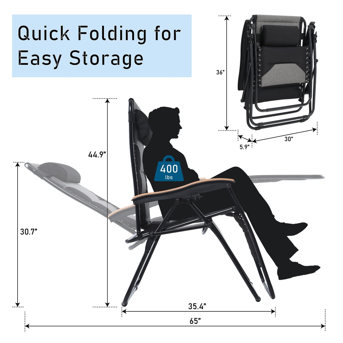 PHI VILLA XXL Oversized Padded Zero Gravity Chair Set of 2, Foldable Patio Recliner, 30" Wide Seat Anti Gravity Lounger with Armrest and Cup Holder, Support 400 LBS (Black)