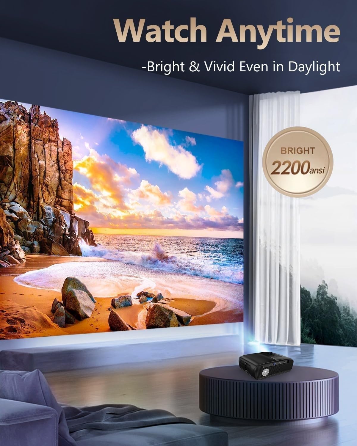 Daylight Projector 4K HDR Home Theater, Smart Daytime Movie Gaming TV Projectors with WiFi 6, NFC, Bluetooth, Apps, ToF Auto Focus, HDMI ARC,2200ANSI High Lumens for Golf Simulator Ceiling Bright Room