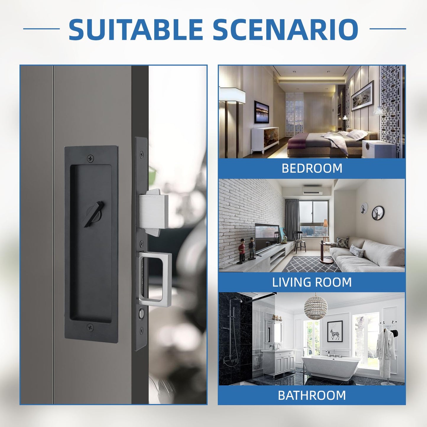 youthua Modern Pocket Door Hardware Set - Privacy Lock with Finger Flush Pulls & Soft Close, for Sliding Barn Doors, Pocket Doors, Bedroom (Black, Privacy Lock)