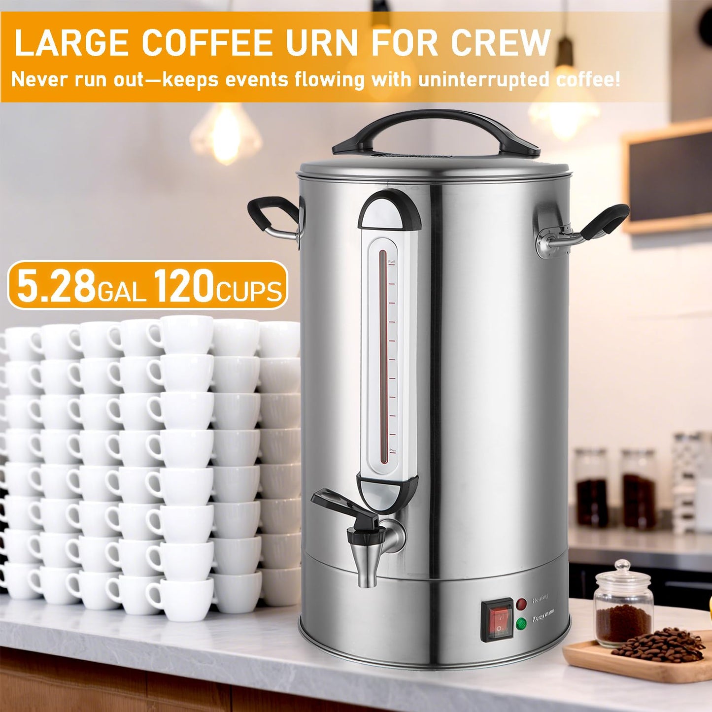 Fattong's Lab Commercial Coffee Urn, 120 Cup Large Coffee Maker for Catering & Events, 20L Stainless Steel Percolator, 1300W Fast Brew Hot Water Dispenser with Double Wall Insulation, Silver