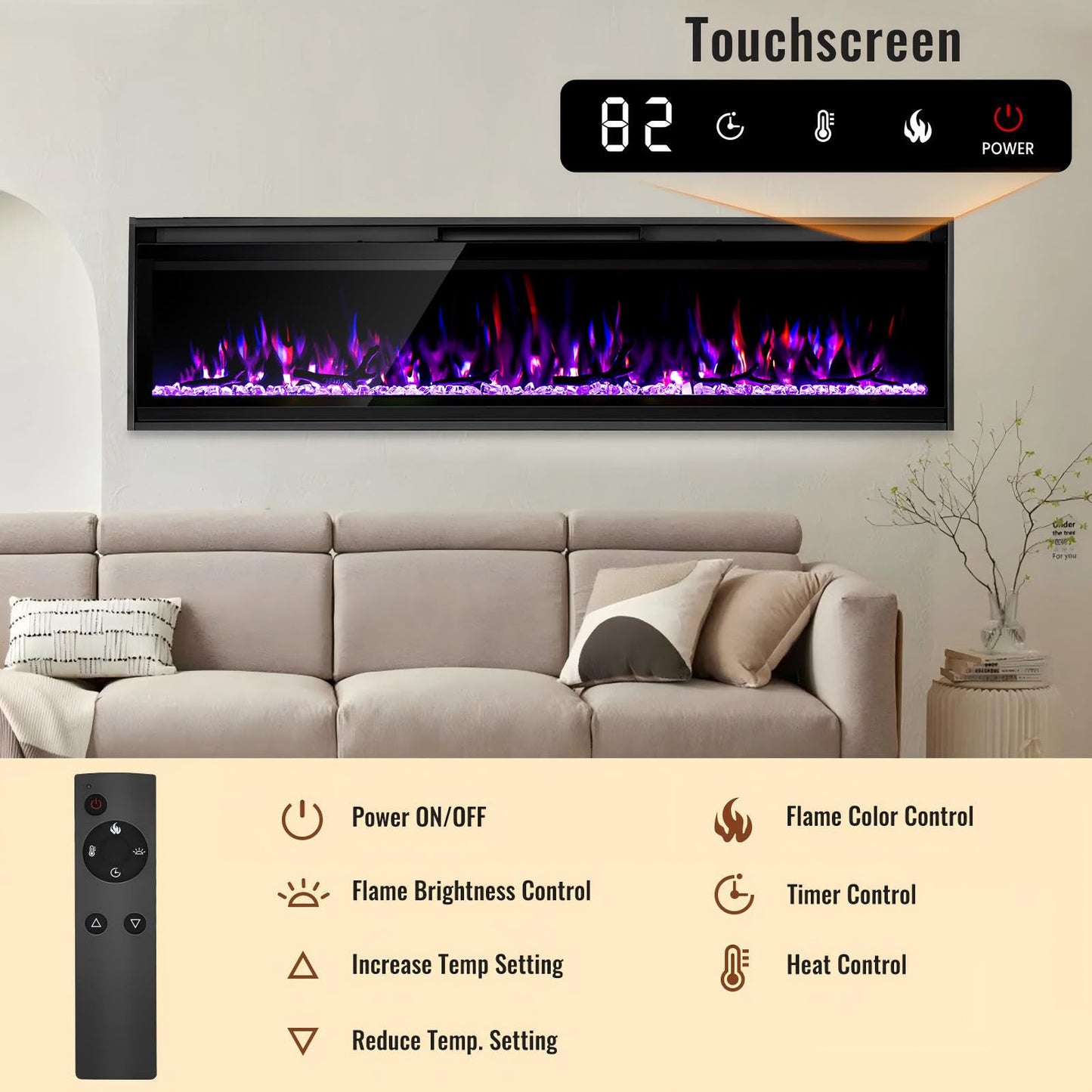 60 Insert Electric Fireplace, Fully Recessed or Wall Mounted, 4 Flame Colors, 4 Brightness Levels, Crystals,Log, Remote Control, 750-1500W.