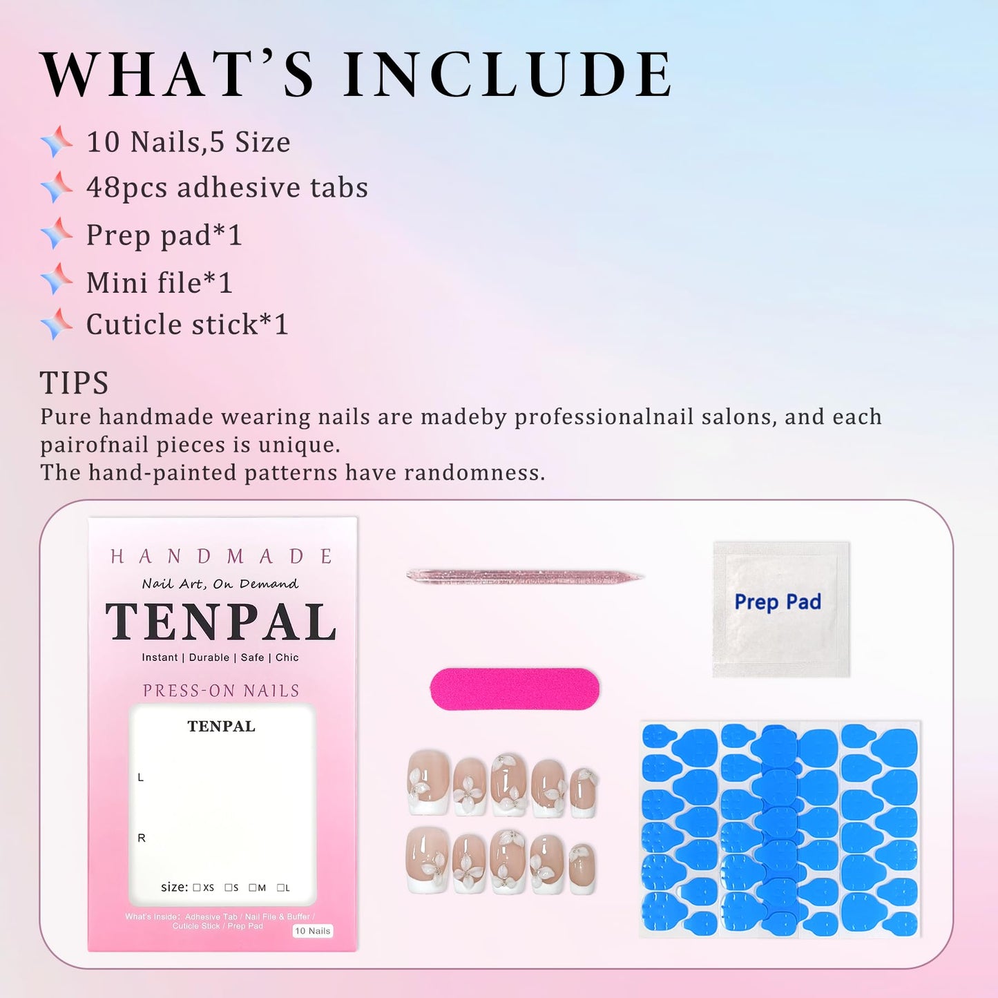 TENPAL 10Pcs Handmade Press On Nails Medium With Tools,Nude White French Tip Square Fake Nails with Designs,Hand-Painted White Floral Sculpted Salon Acrylic Glue on Nails for Wedding Party Daily(XS)