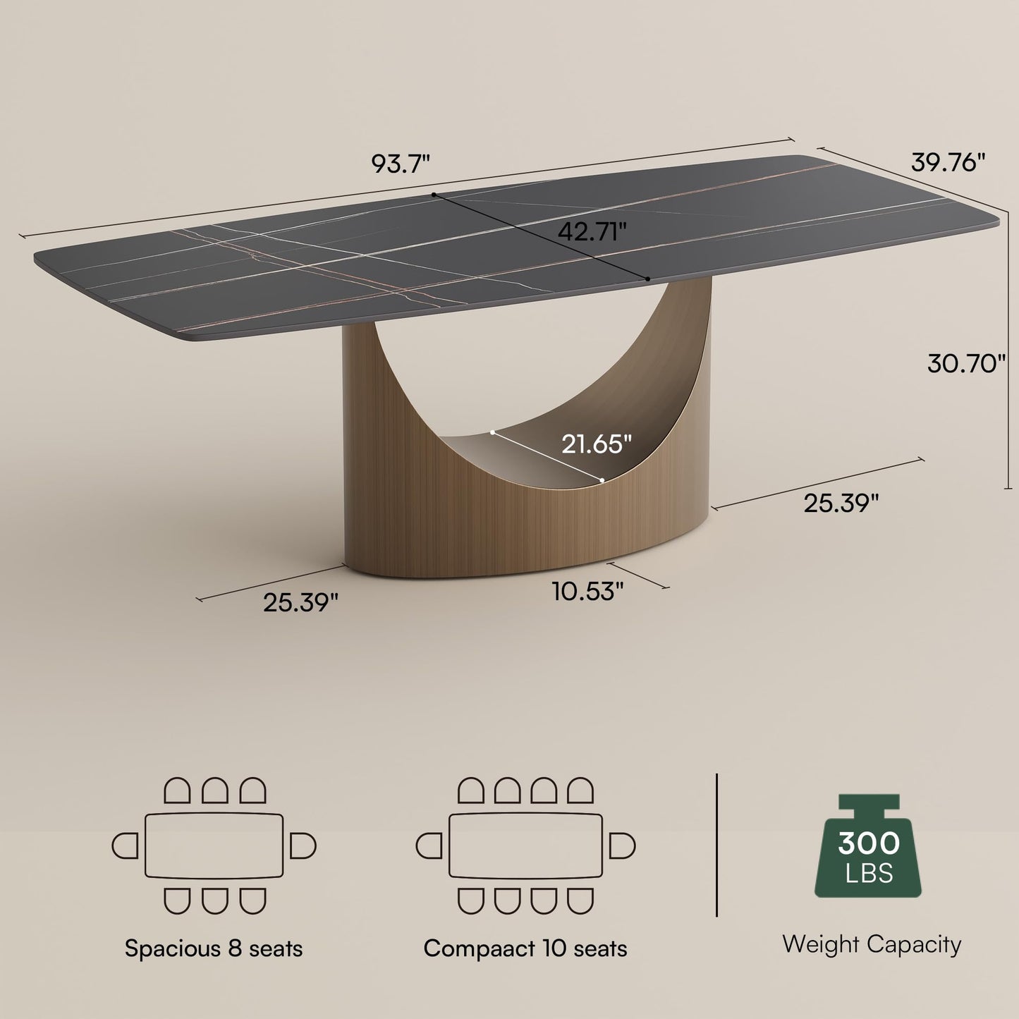 POVISON 94" Modern Dining Table for 8-10, Matte Black Dining Table, Sintered Stone Dining Tabletop with Bronze Carbon Steel Pedestal,Rectangle Dining Room Table (Table Only)