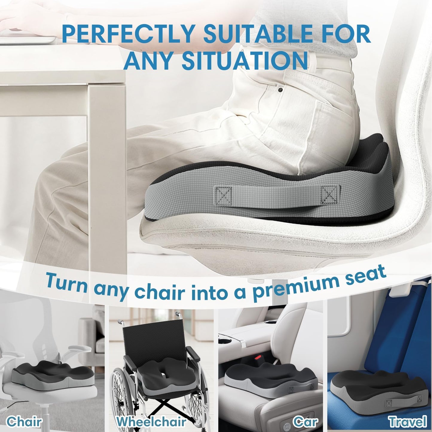 ModReve Memory Foam Seat Cushion for Office Chairs, Car Seat, Wheelchair, Desk Chair Pad - Extra Large Ergonomic Sciatica Coccyx & Tailbone Pain Relief Back Support Pillow for Long Sitting & Driving