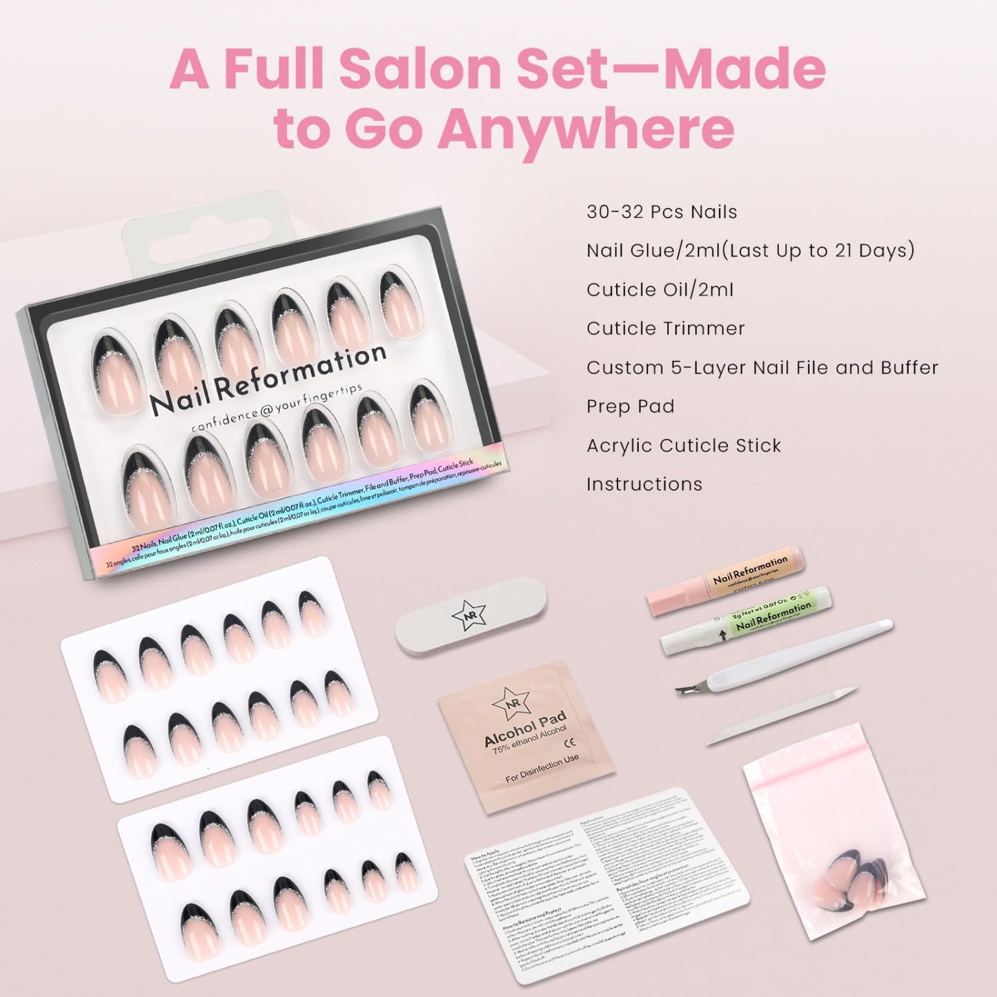 Nail Reformation Press On Nails, Silver Lining | Short Almond Fake Nails in Black Glitter French Tip on Nude Base in Glossy Finish, Reusable Stick On Nails in 16 Sizes - 32 Nail Kit for Women Gifts
