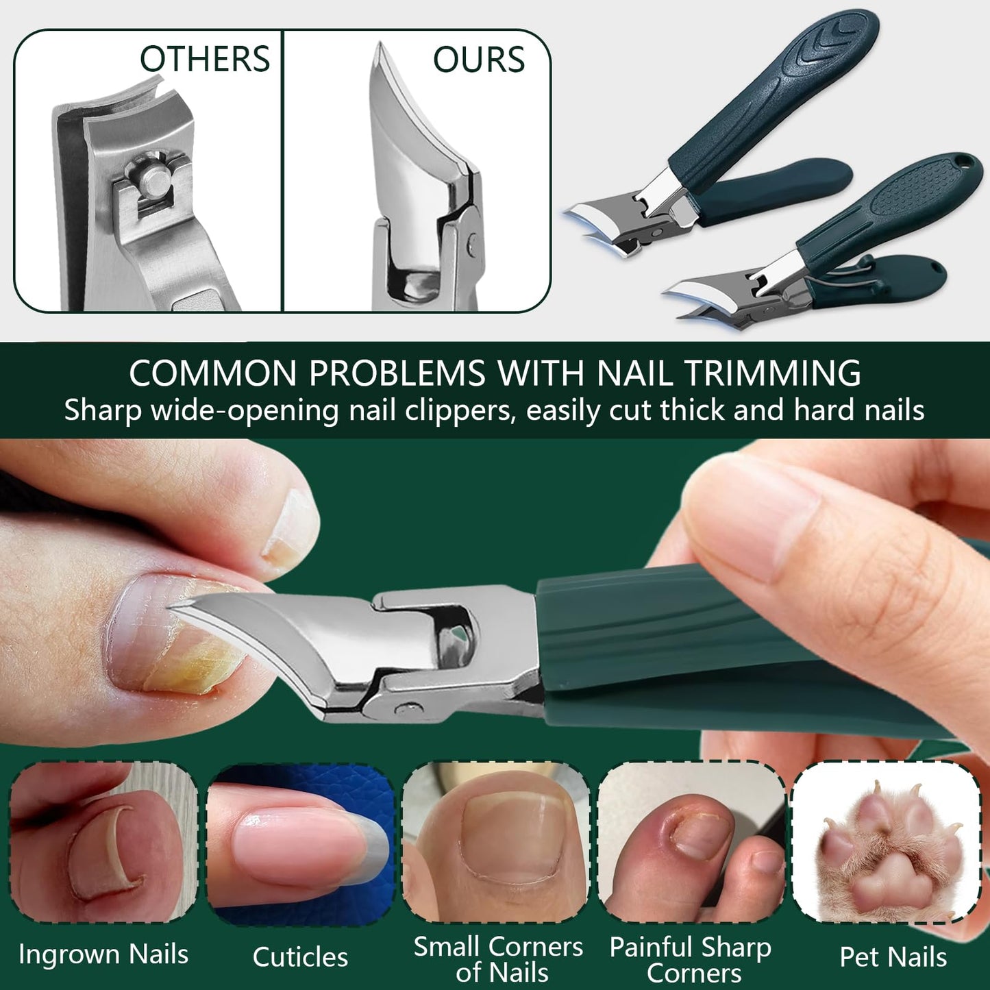 Eagle Beak Beveled Nail Clippers,4PCS Angled Nail Clipper Set,Long Handle Wide Jaw Opening Anti-Splash Slanted Nail Clipper,Fingernail and Curved Toenail Clippers for Ingrown&Thick Nails for Men Women