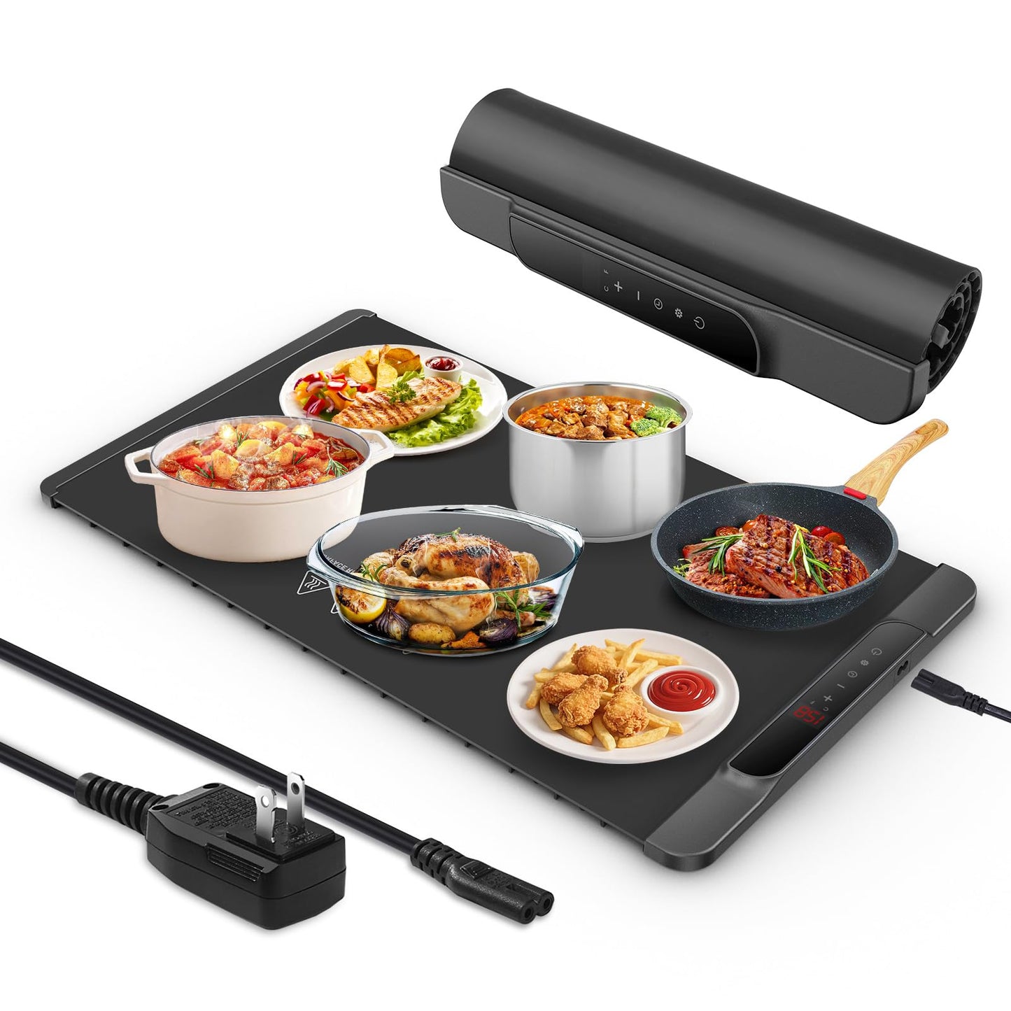 Warming Mat for Food with Protective Safety Plug, Full Surface Heating Electric Tray, Non Slip feet, Rolling and Portable Multifunctional Food Heater, Suitable for Parties, Gatherings, Homes/Outdoor