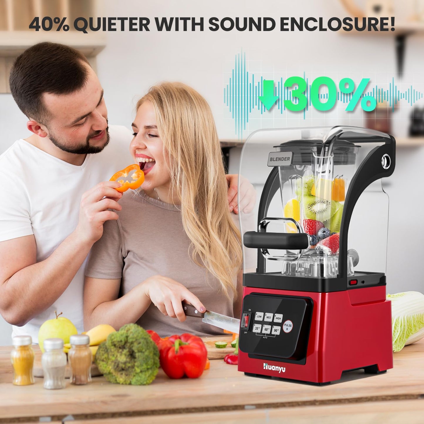 Huanyu Commercial Blender 2L 68OZ 2200W Quiet Professional Blenders with Sound Enclosure for Smoothies with Self-Cleaning Function Red