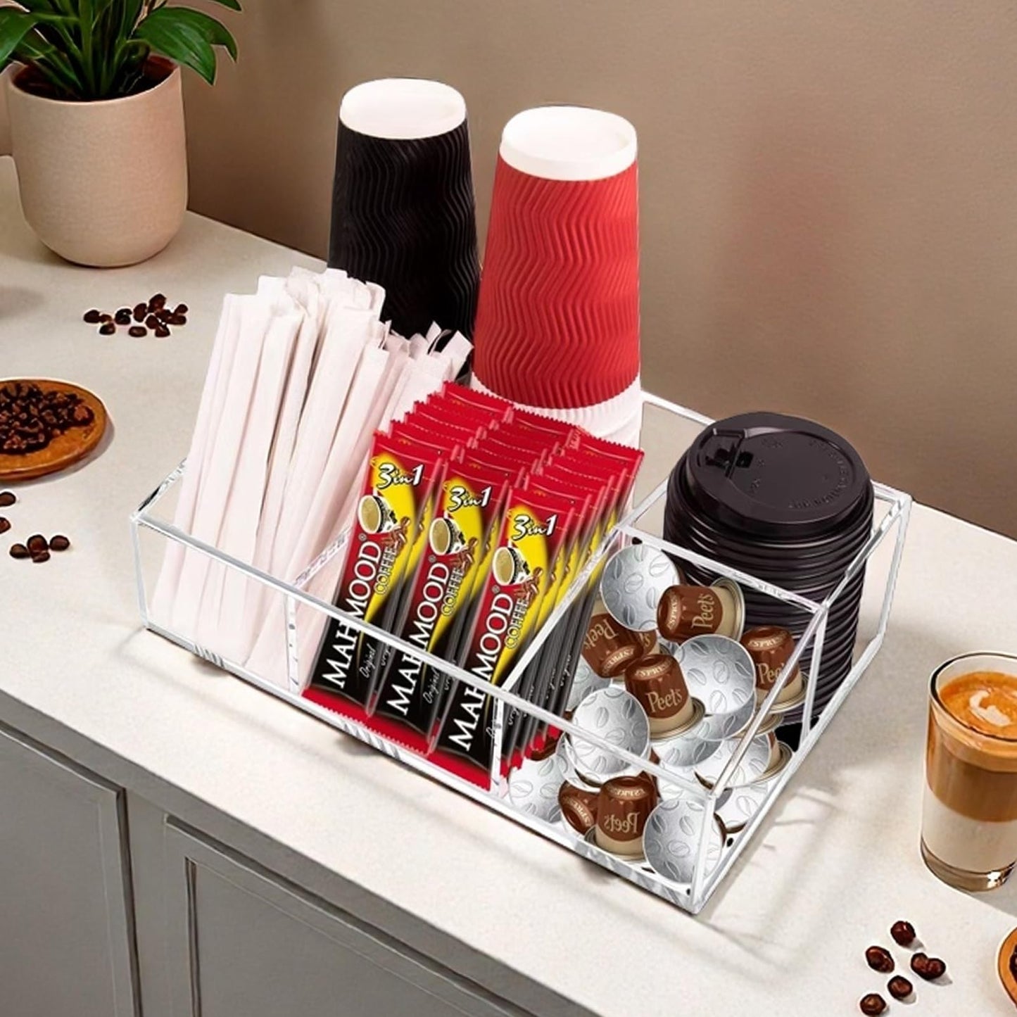 Goindy Coffee Station Organizer for Countertop - Clear Acrylic Coffee Bar Accessories and Organizer with Removable Dividers for Pods Condiment Syrup Tea Cups Stirrers Tea Bag - Farmhouse Table Decor