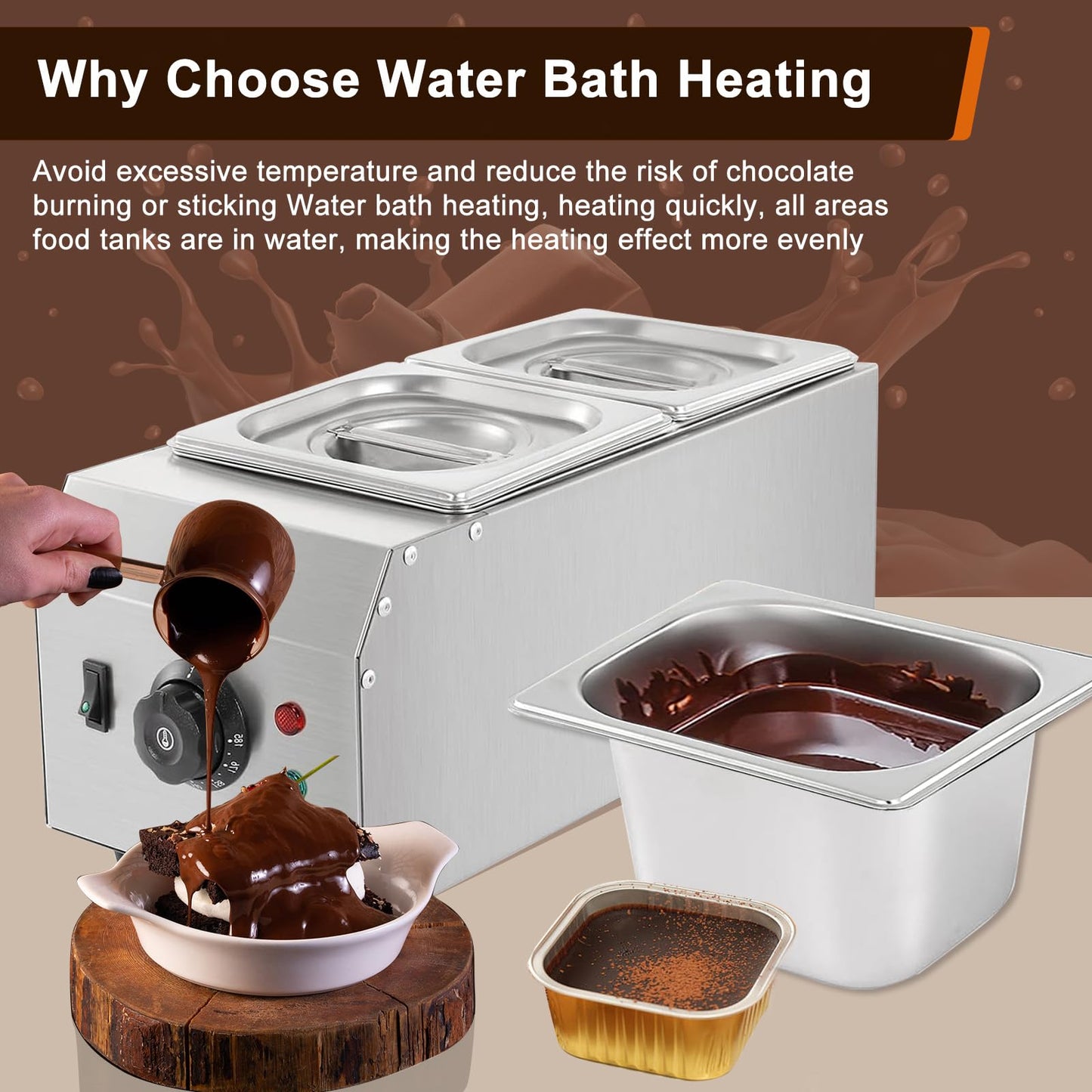 9 Lbs 2 Tanks Chocolate Tempering Machine Chocolate Melter, Chocolate Melting Pot with TEMP Control 86~185℉, 1000W Stainless Steel Electric Commercial Chocolate Warmer and Melter