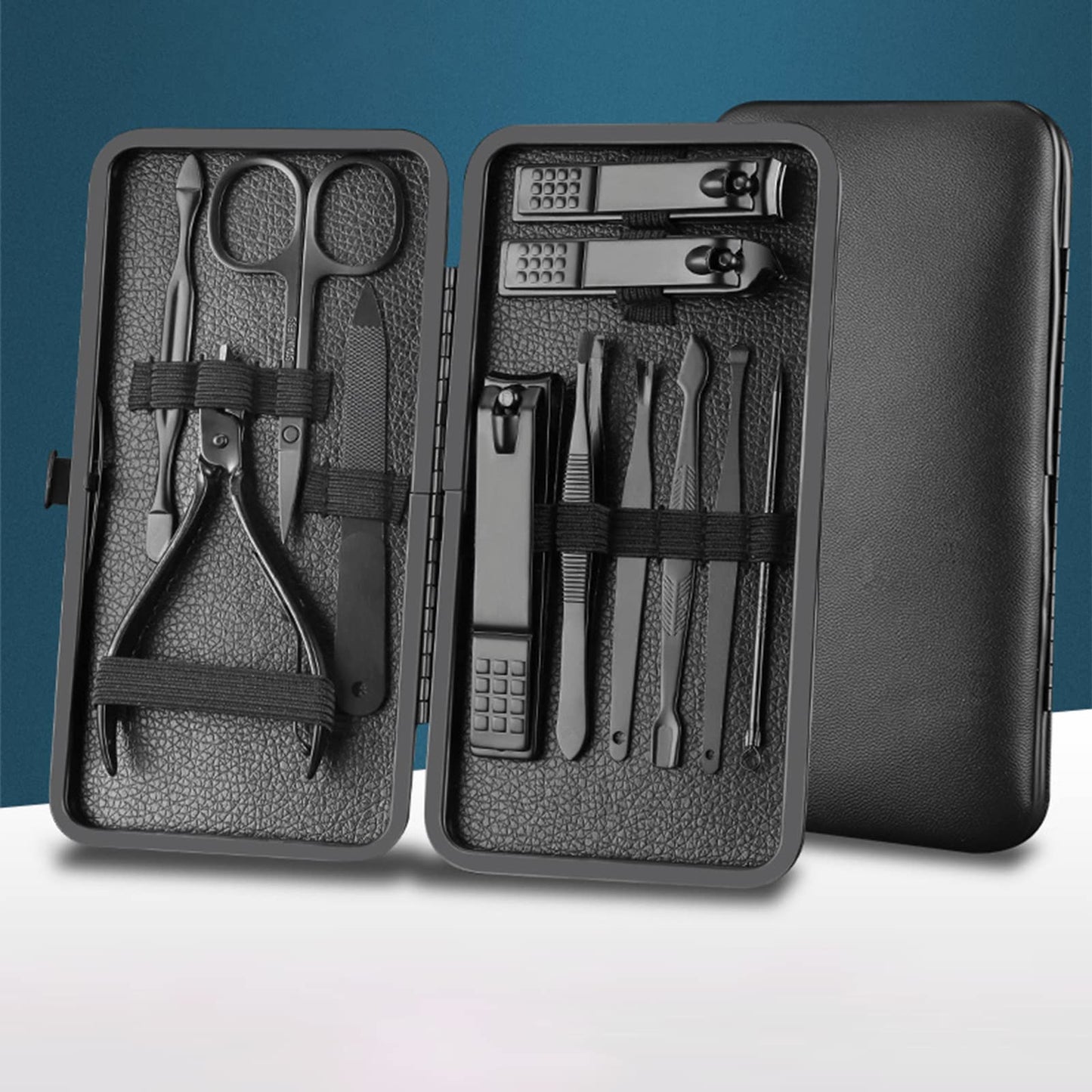 Manicure Set Nail Clippers Pedicure Kit -12PCS Stainless Steel Manicure Kit, Professional Mens Grooming Kits, Nail Care Tools with Luxurious Travel Leather Case Gift Box (12, Black)