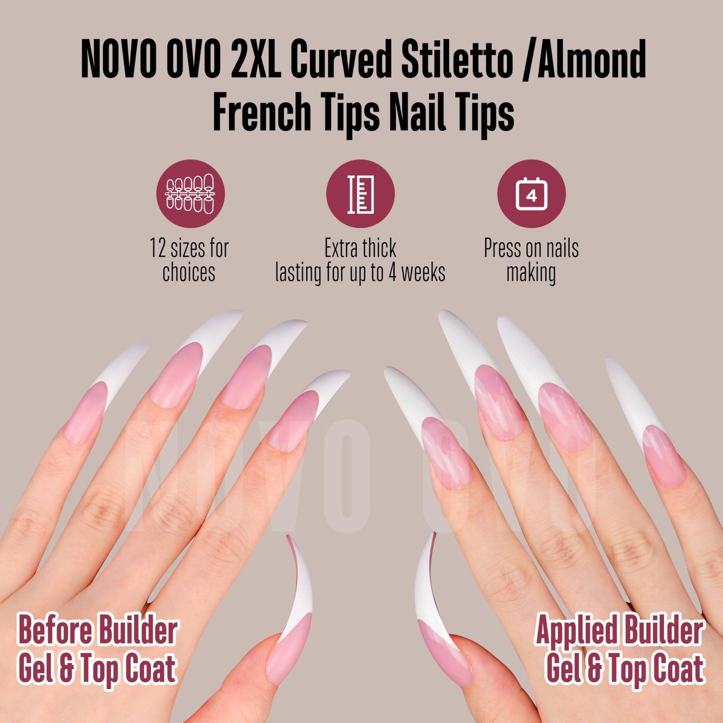 NOVO OVO Halloween XXL Curved Stiletto Almond French Tip Nail Tips, Soft Gel Extra Thick Long Acrylic Hawk Curve Fake Extension, Need Builder Gel & Top Coat, Full Cover Press on DIY 12 Sizes 240 pcs