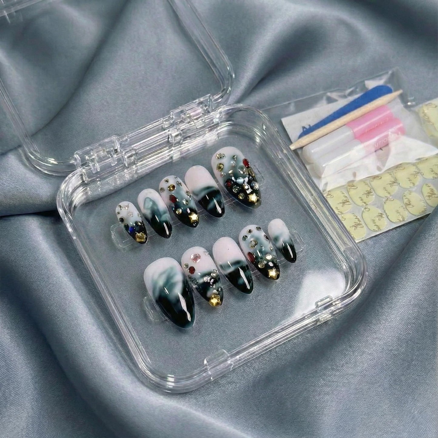 Ombre Blue Press on Nails, Medium Almond, French Tip, Acrylic Nail Kit for Women, Cute, Y2K & Luxury Style, Decorative 3D Gems, Salon Quality, 24 pcs Nailinism
