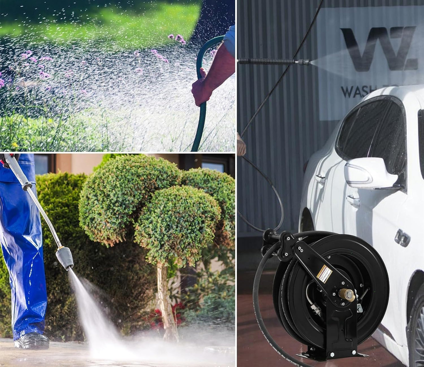 50FT x 3/8"Retractable Pressure Washer Hose Reel, Heavy Duty Steel Professional Power Wash Hose Reel with 5 ft Lead ,4000 PSI ,for Oil/Air/Water