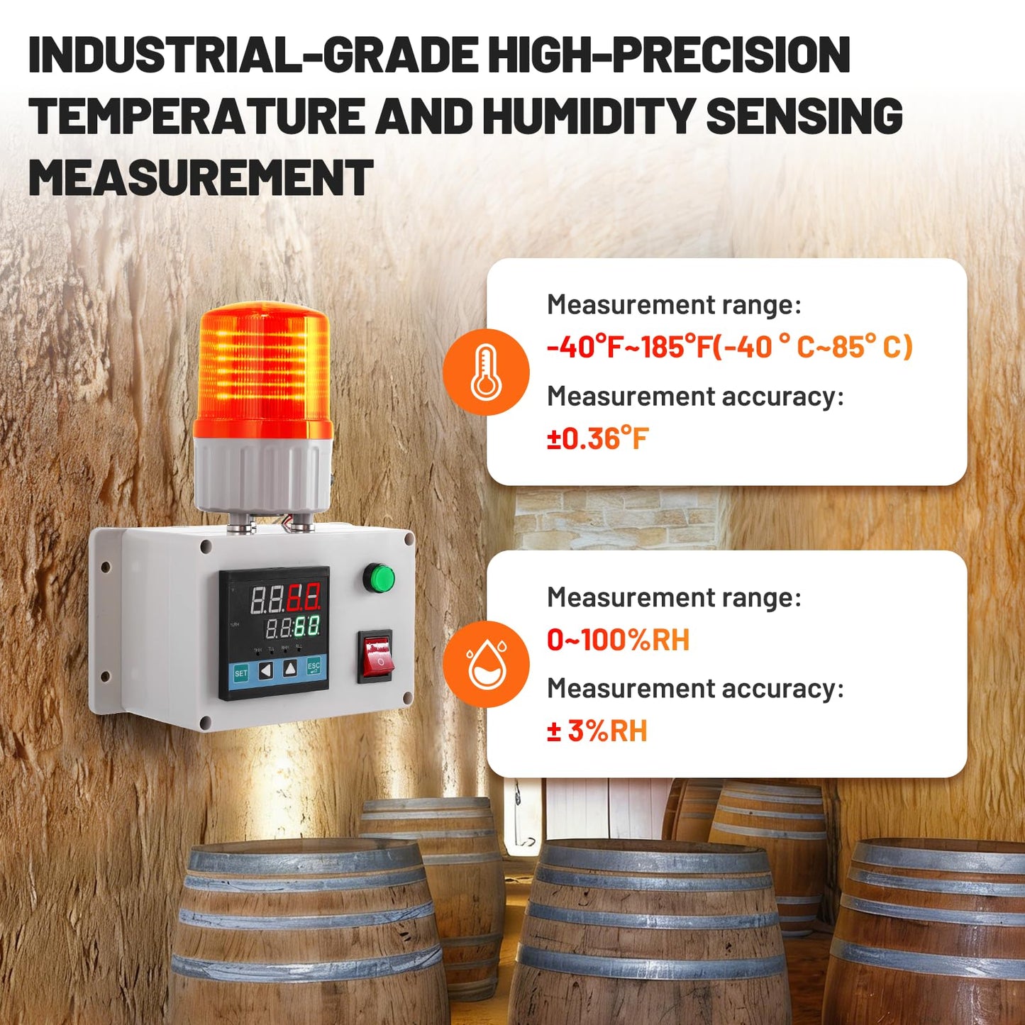 JIAWANSHUN Industrial Temperature Humidity Alarm, -40-185℉&0-100%RH,Thermometer Hygrometer Monitor with Independent Alarm Setting,Sound Light Alert & Calibration for Greenhouse,Lab,Cold Chain&Granary