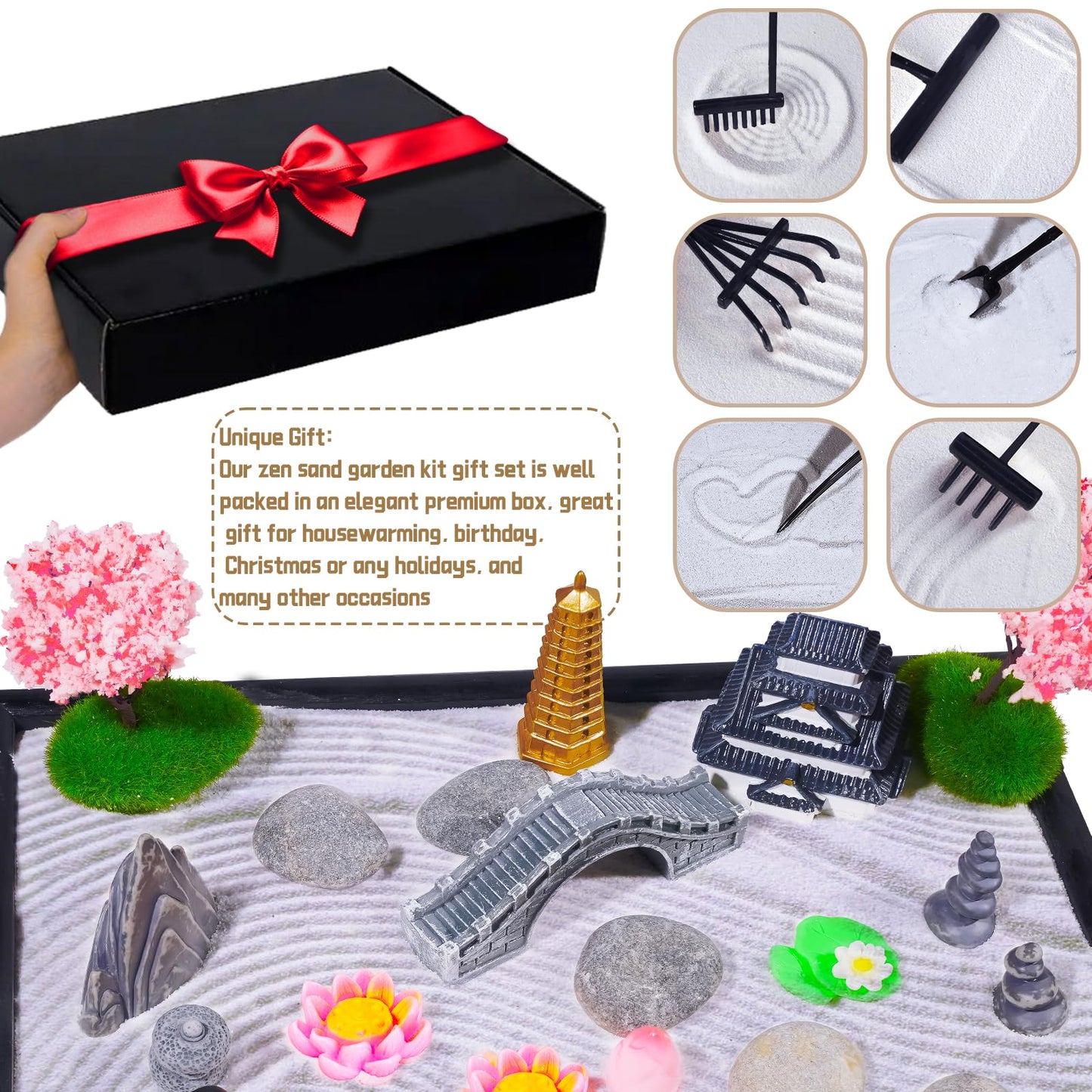 Bbiamsleep Zen Garden Kit for Desk, 9.8 x 7 Inch Mini Zen Sand Garden with 6 Tools, 23 Accessories for Home Office Desktop Japanese Decor