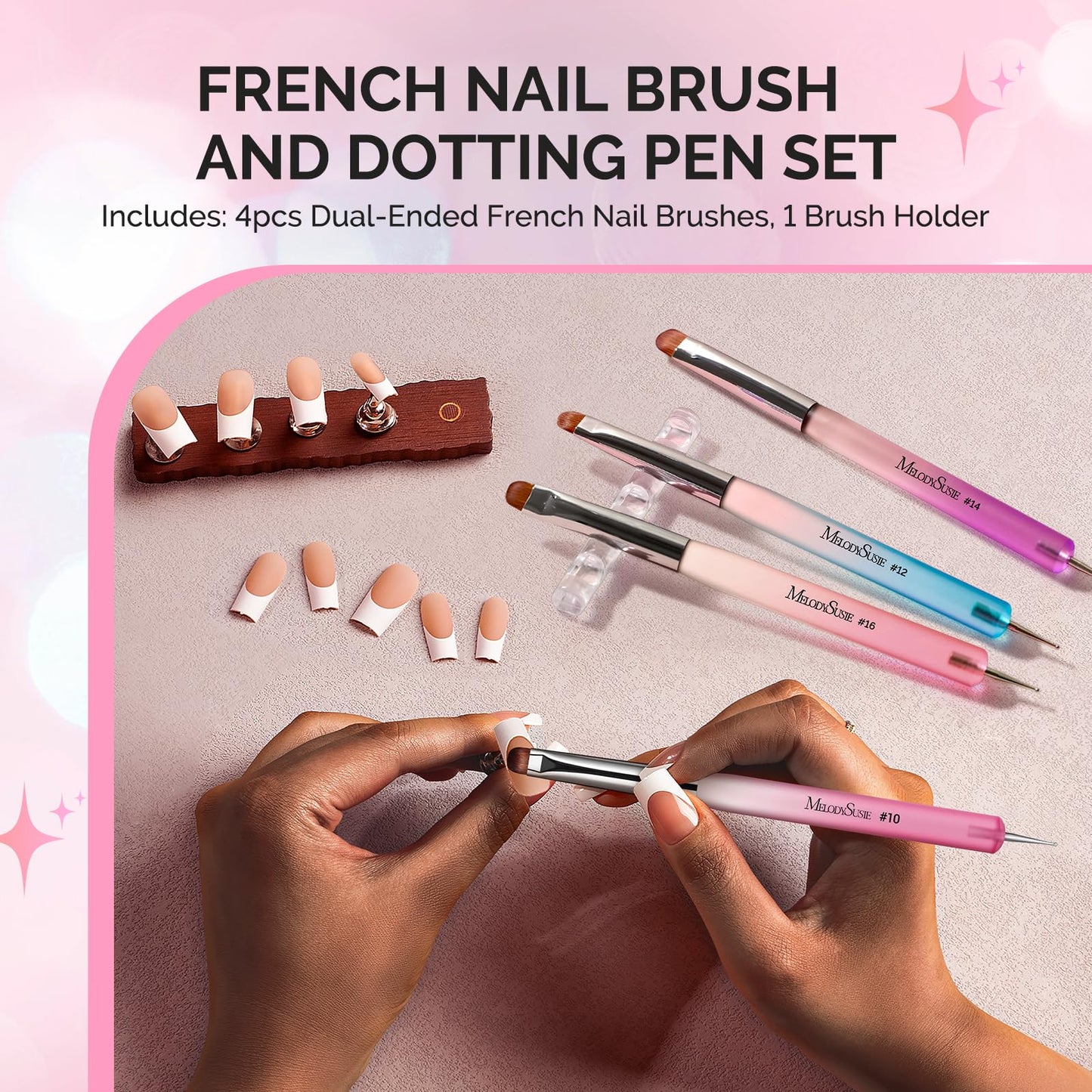 MelodySusie 4Pcs Dual-Ended French Nail Brush and Dotting Pen Set, Size #10#12#14#16 with Brush Holder, for French Tips Nail Clean Up and Nail Dotting