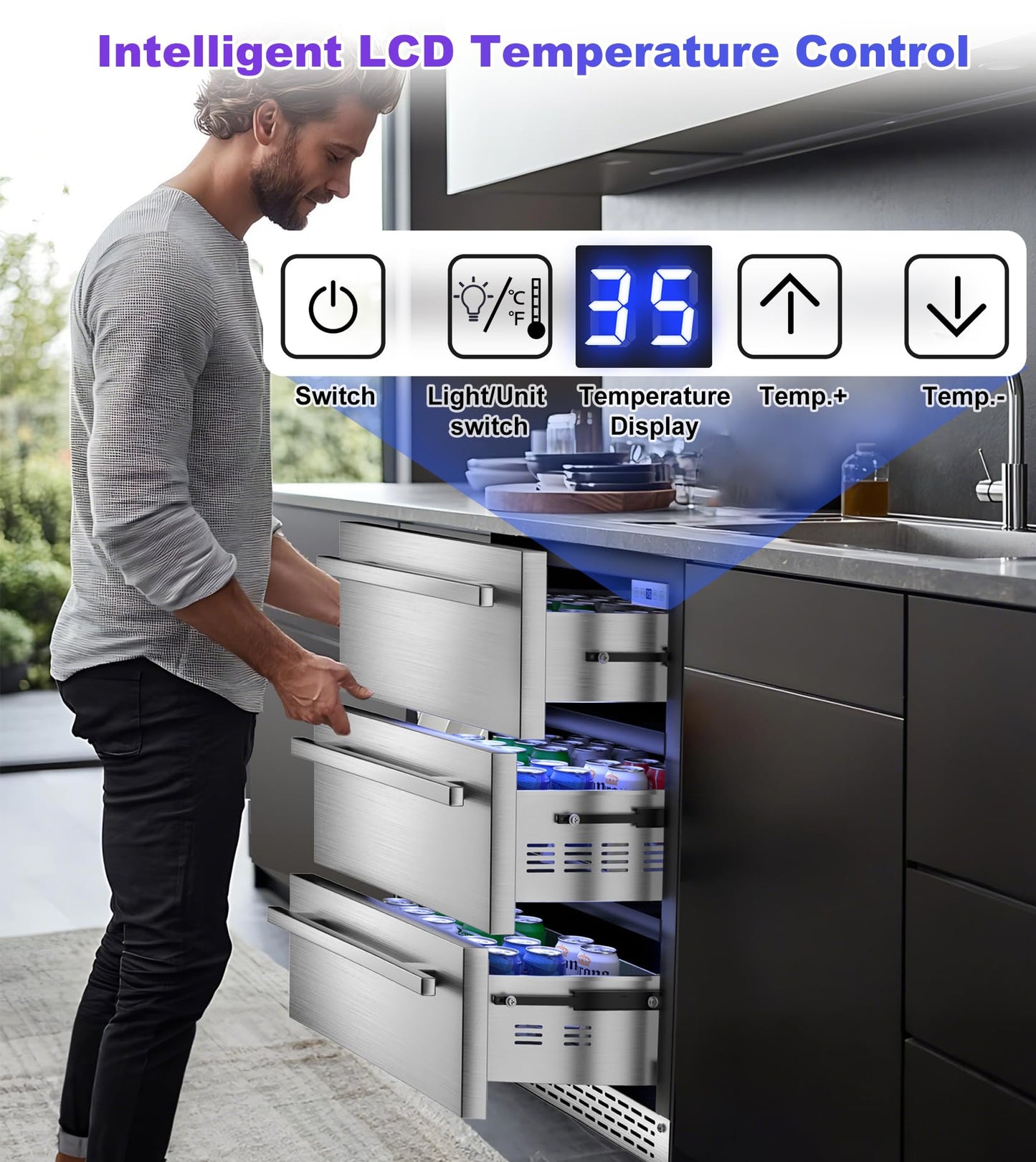 RLPI 3 Drawer Outdoor Beverage Refrigerator Undercounter, Hold 180 Cans 24 inch Weather Proof Stainless Steel Beverage Fridge, Built-in & Freestanding Beverage Cooler Fridge for Soda, Beer, Fruit