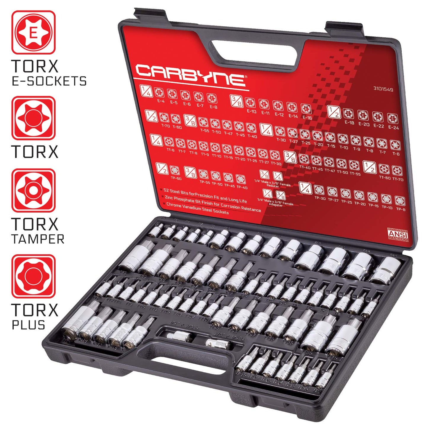 CARBYNE 62-Piece Master Torx Bit Socket Set & External (eTorx) Socket Set, Includes T6 - T70, TT6 - TT70, TP8 - TP60, E4 - E24| S2 Steel Bits, Cr-V Sockets, Durable Case | 1/4, 3/8, & 1/2 in. Drive