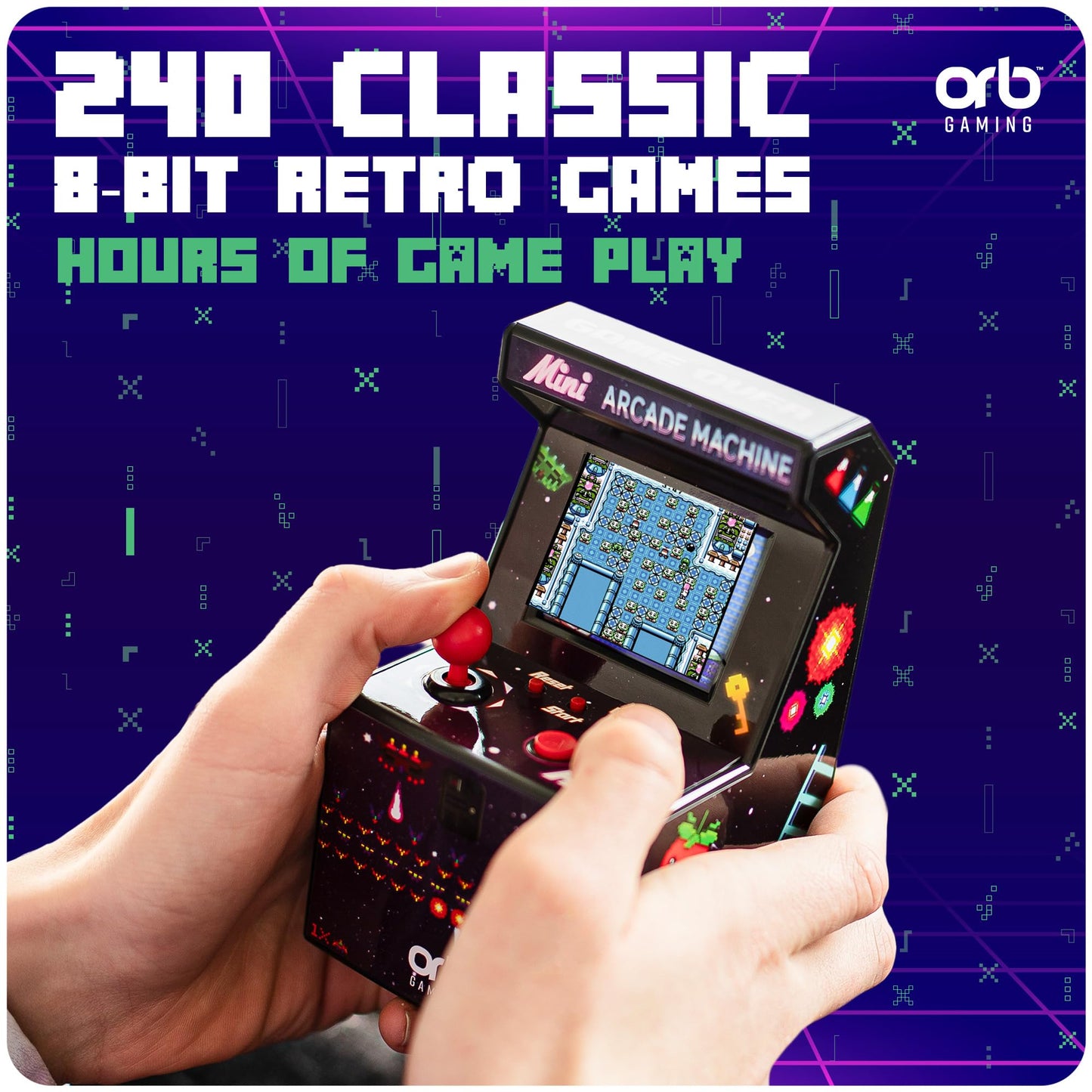 Mini Arcade Machine, 240 Built-in 8-Bit Games, 2.5ā Full Colour Screen, 8-Way Joystick, Handheld Retro Games Console ā Orb Gaming by ThumbsUp!