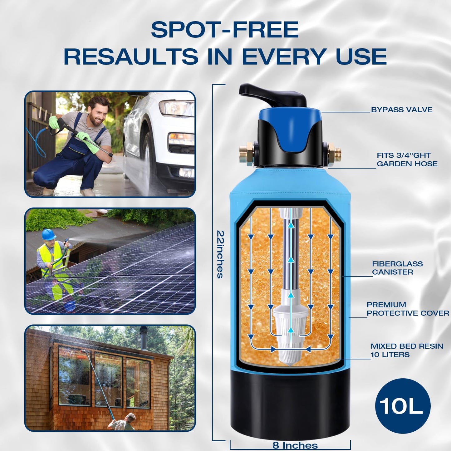 H&G lifestyles Spotless Water System for Car Wash, with By-Pass Valve, Water Deionizer for Car Washing, Spot-Free Deionized Water,Portable Design 3/4 GHT Brass Fittings