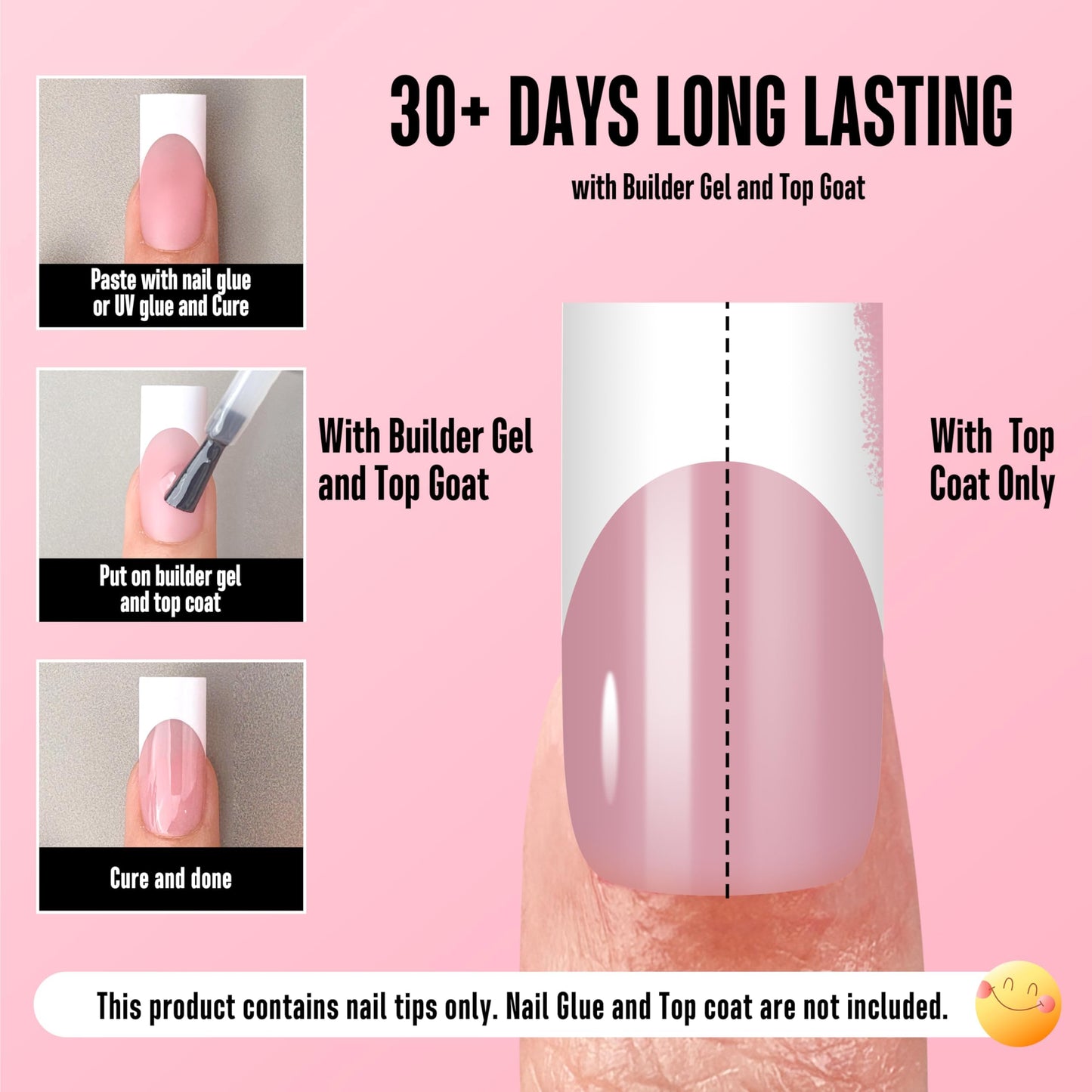 NOVO OVO Medium Sharp Square White French Tip Nail Tips Press on BERRY PINK, Extra Thick NEED Builder Glue Gel & Top Coat, Soft Gel Full Cover False Fake Nail Extension for Salon DIY x 15 Sizes 180 pc