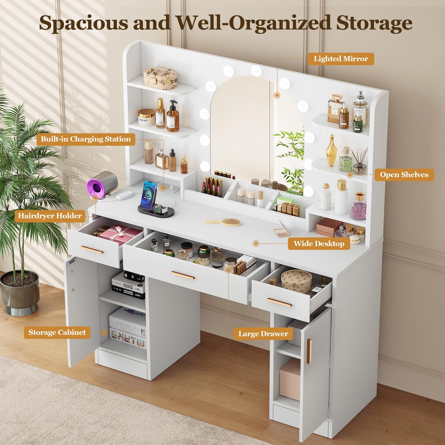 Decofy 43'' White Vanity with 11 LED Lights & Mirrow, Makeup Vanity Table with Power Outlets, Chair & Hair Dryer Holder, Dressing Table with Drawers & Cabinet