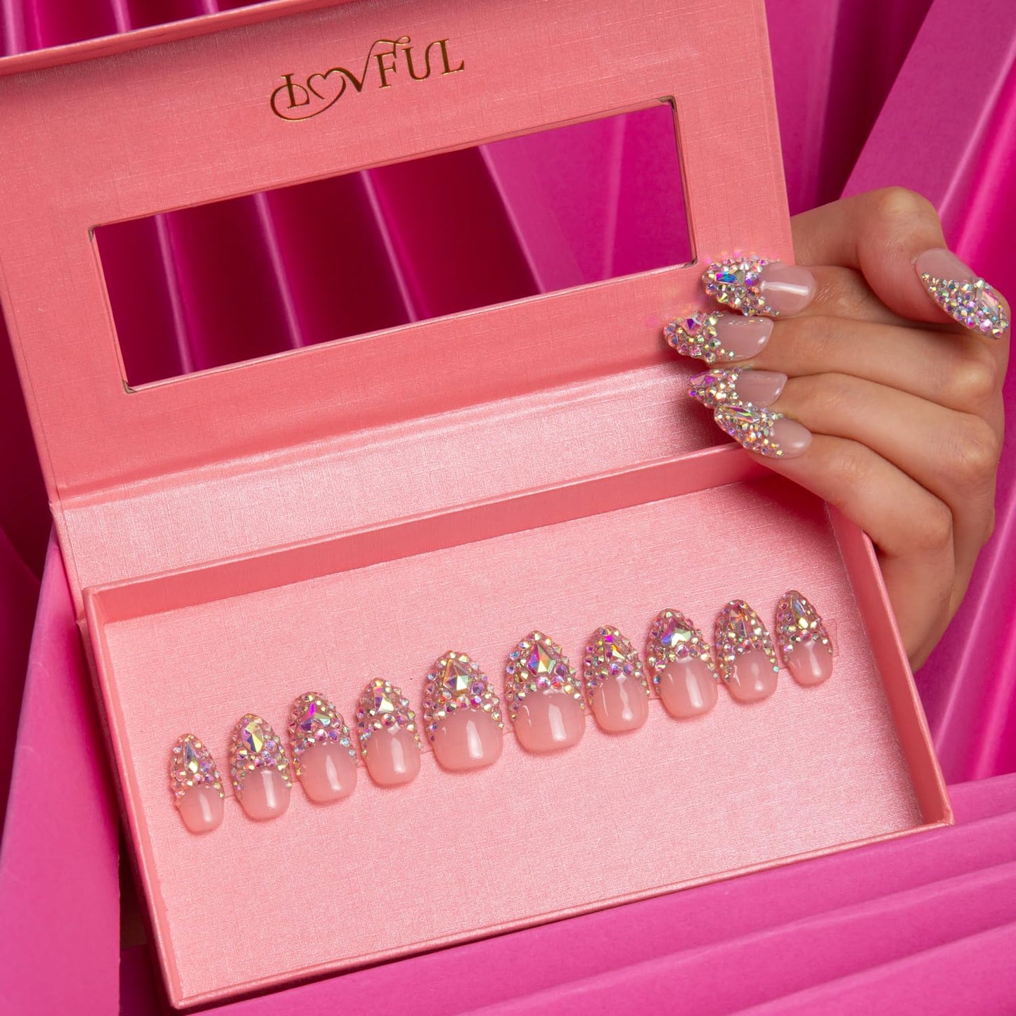 LOVFUL Press on Nails Angel's Tear Rhinestone | Handmade with Full Covered Crystals | Reusable Fake Nails | Almond Regular 1.0 in | H48-S