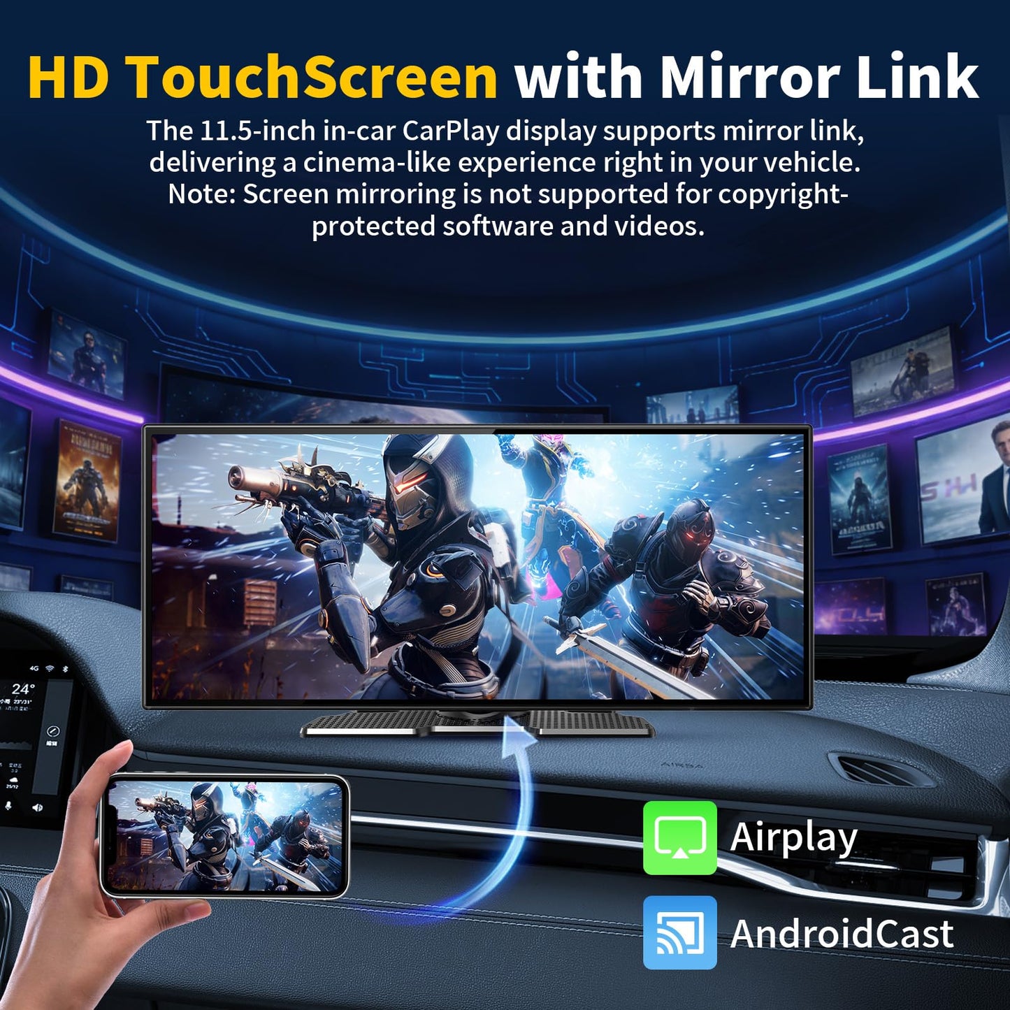 11.5" Largest Wireless Carplay HD Screen for Carplay & Android Auto Car Stereo with 4K Dash Cam 1080P Backup Camera, GPS Navigation/Bluetooth/Mirror Link/Voice Control/AUX/FM/Siri