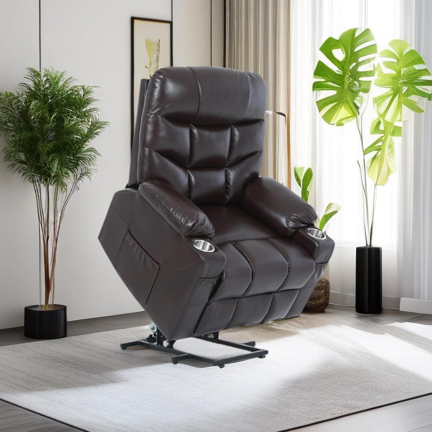 S*MAX Oversized Power Lift Recliner Chair for Elderly X Large with Premium PU Leather Lift Chair Electric Recliner Powered by OKIN Motor Side Pockets USB Charge Port Stainless Cup Holder Brown