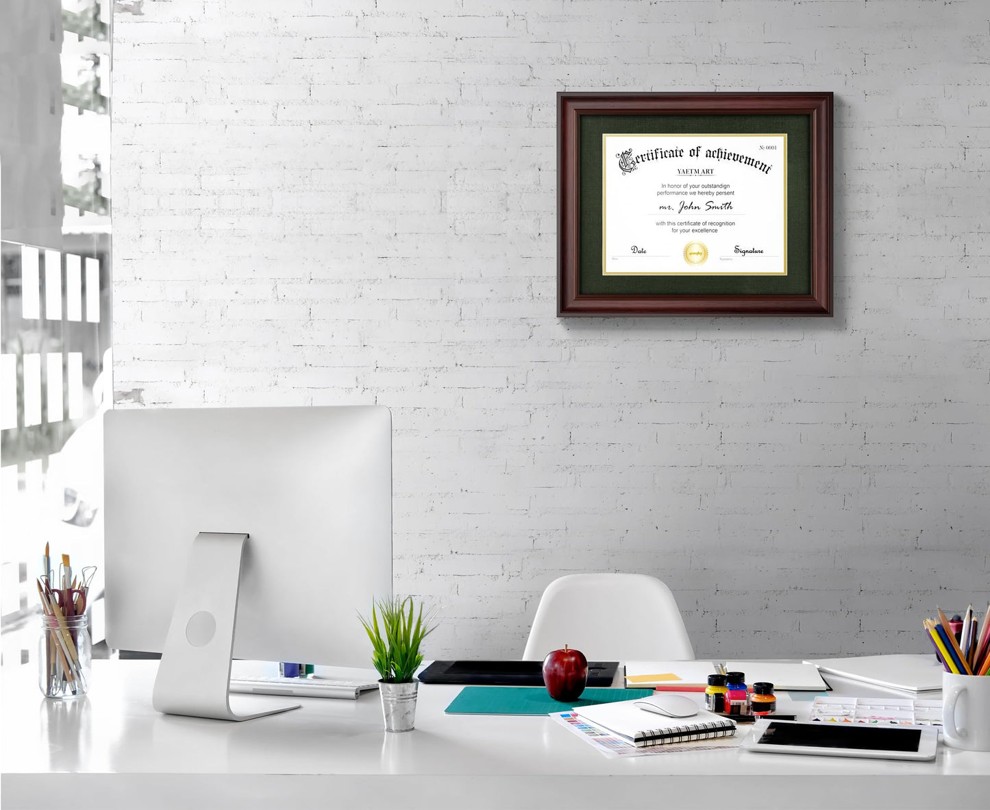 Yaetm 11x14 Diploma Frame, Certificate Frame with Tempered Glass, Display 8.5x11 Document with Dark Green Over Gold Acid-free Mat or 11 x 14 without Mat, Wide Molding (Single, Mahogany/Green)