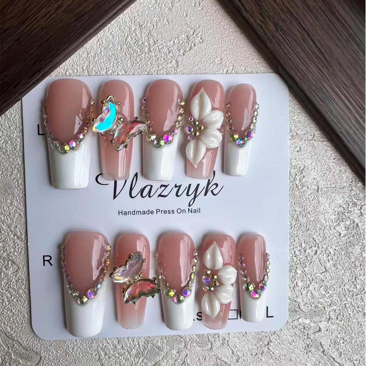 Luxury Handmade Press on Nails - Long Square White French Tips Press on Nai,l with Almond 3D Rhinestones, Flowers & Butterflies, Acrylic Multi-Layer Gel False Nails for Women (10Pcs) S SIZE