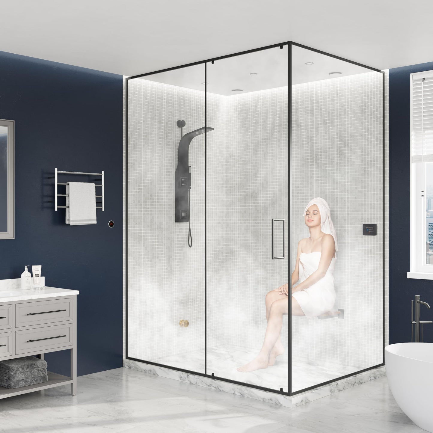 SaunaSpa Builders Series 12kW Steam Bath Generator with Quickstart Continuous Steam, Black Digital Touch Pad, Built-in Auto-Drain, and Aroma Steamhead in Polished Chrome