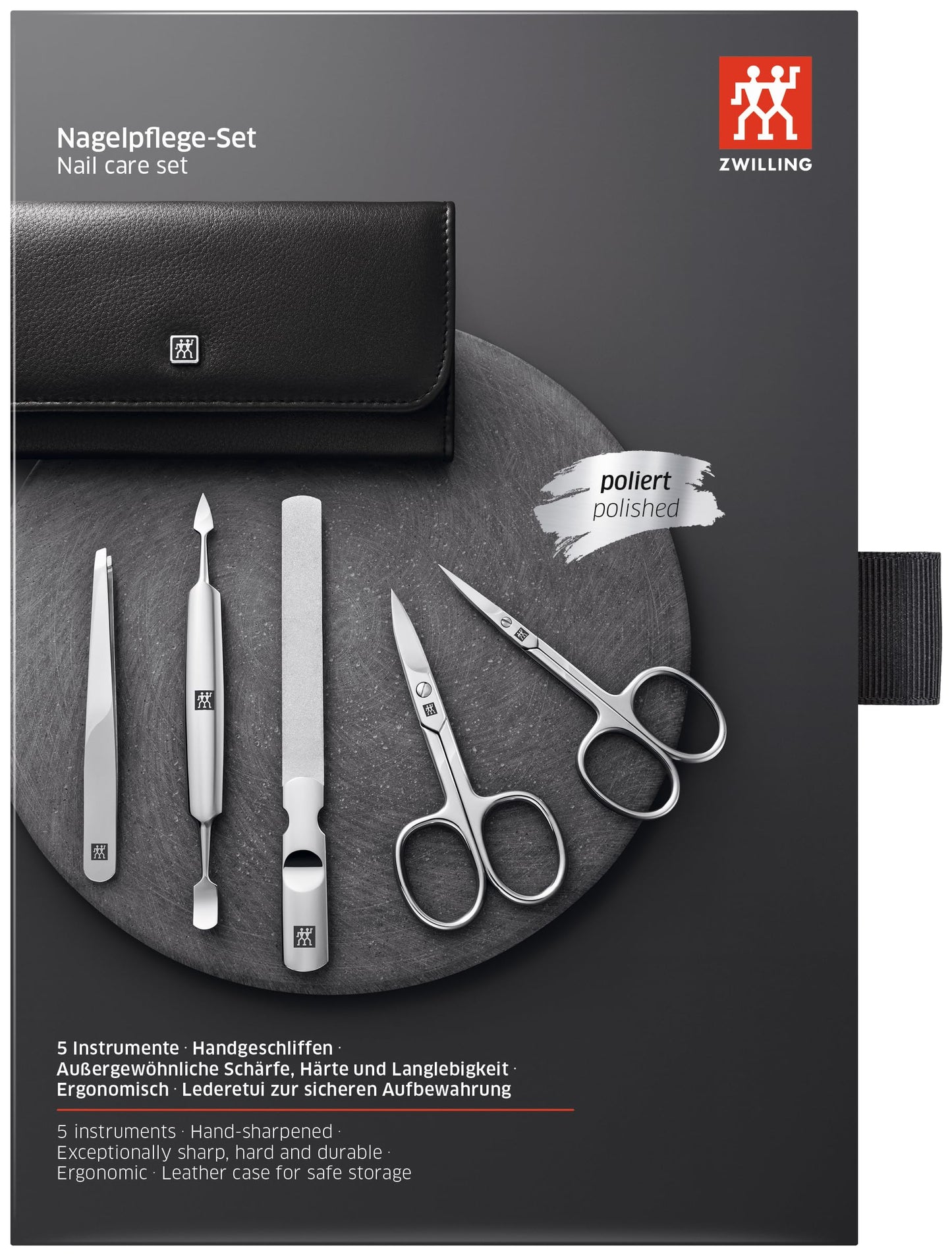ZWILLING Beauty Classic INOX 6-pc Manicure and Pedicure Set with Black Leather Case, Nail Care Made of Genuine Leather with Push Button